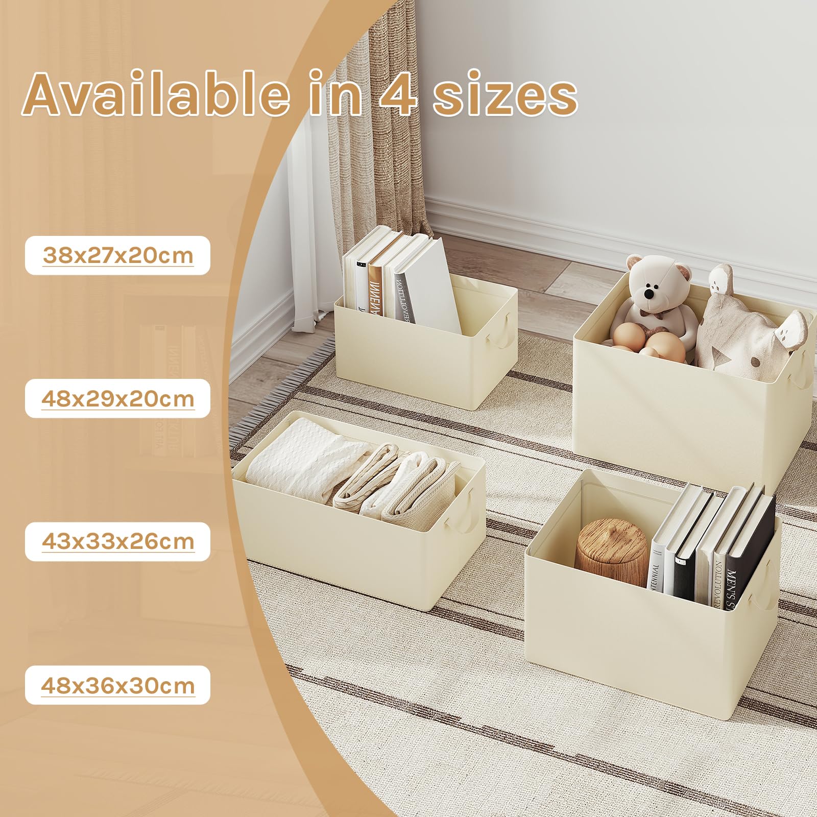 WOLTU 6 Piezas Cajas Organizadoras de Tela, Cestas Plegables para Guardar Ropa y Juguetes, con Tapa y Asas, Crema, 43x26x33cm | Hecho de tela de poliéster para dormitorio, estudio, sala de estar, caja organizadora con asas, plegable,