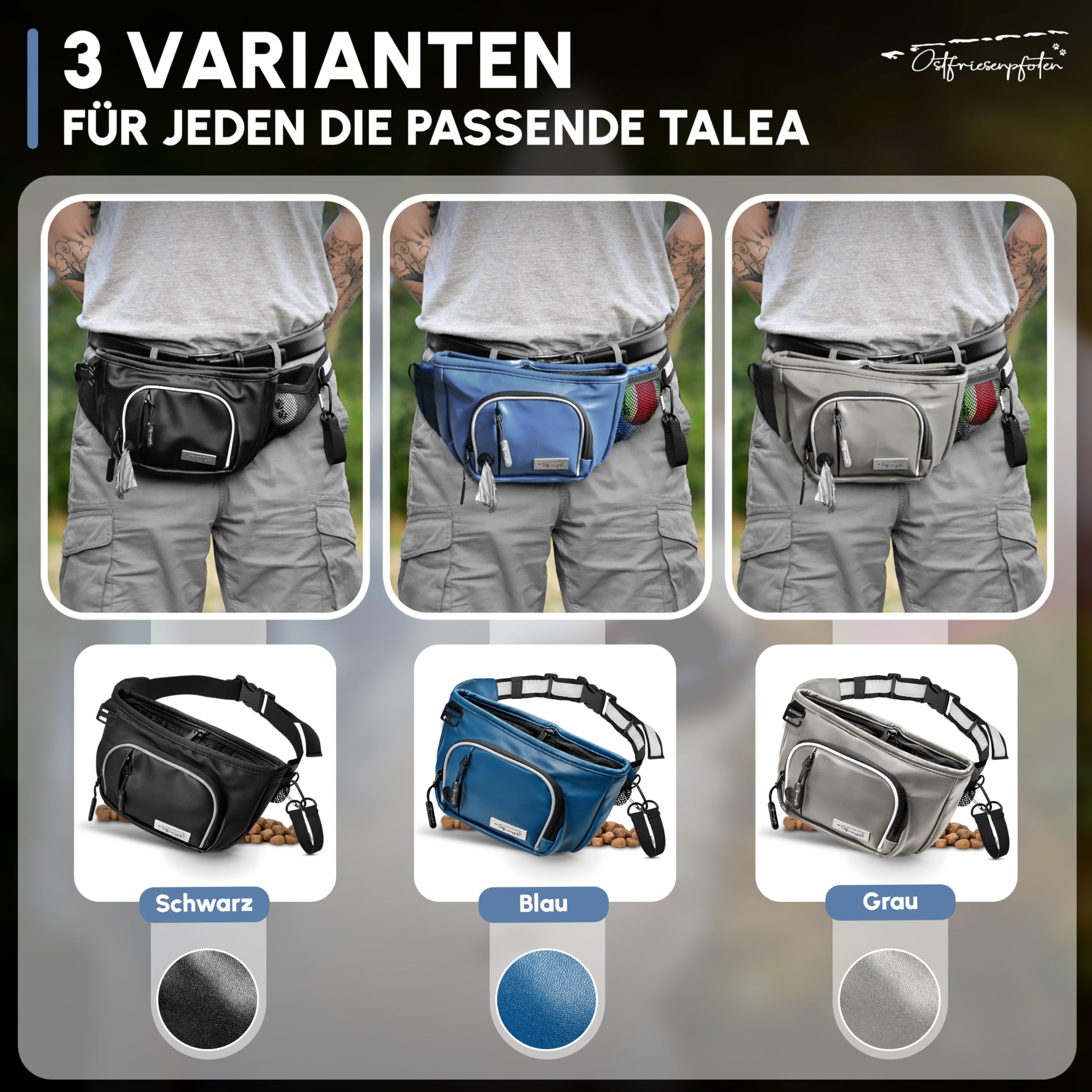 Leckerli-Bauchtasche 'Talea' für Hunde aus Kunstleder mit Einhandmagnetverschluss - Leckerlibeutel inkl. wechselbarem Innenfutter - Bauchtasche für Hundezubehör - Dunkelblau