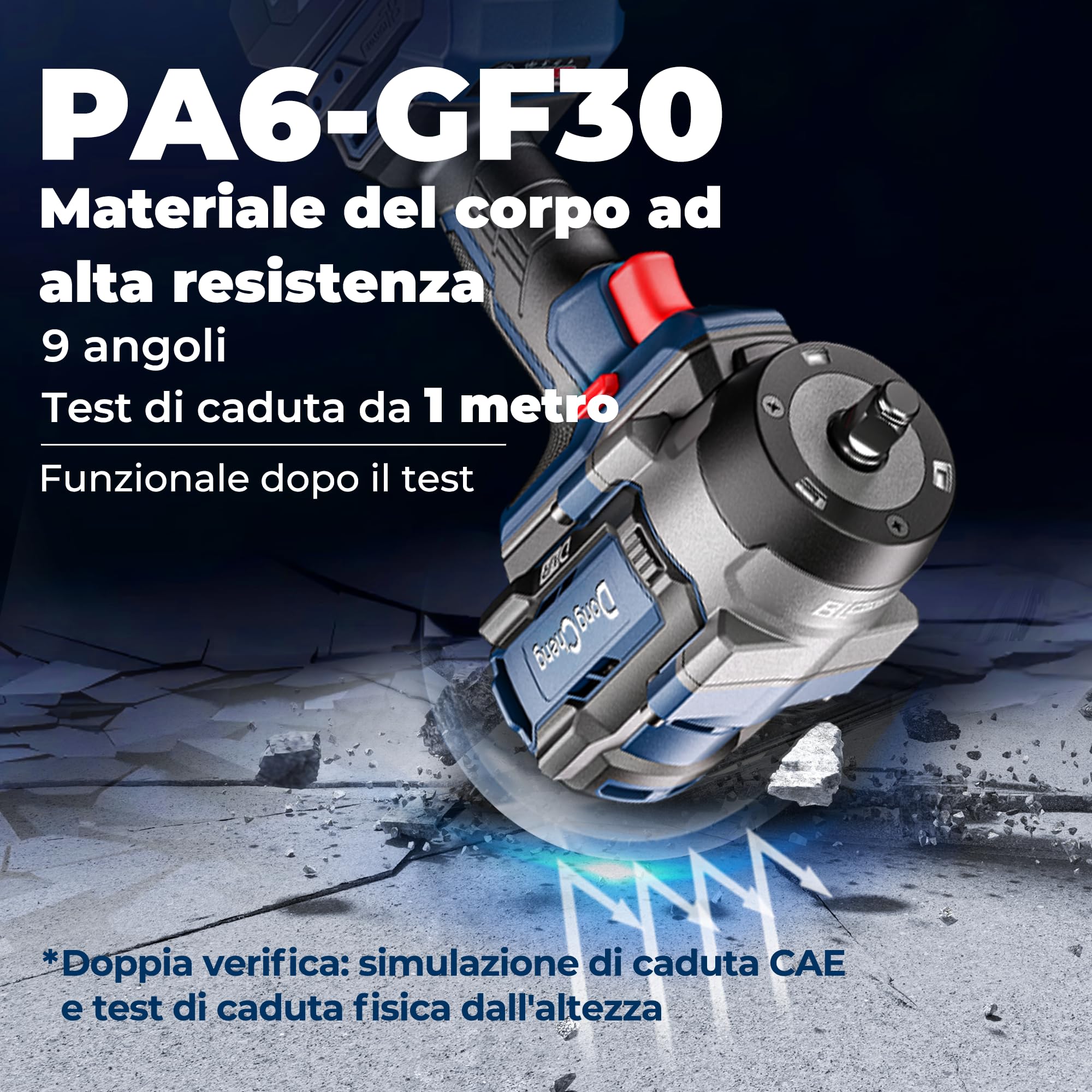 Dong Cheng Chiave a impulsi senza fili Brushless 1/2", 1700 Nm, 3 vel. 0-1900 giri/min, 2x5,0Ah + carica rapida + 3 bussole, per bulloni arrugginiti M10-M24