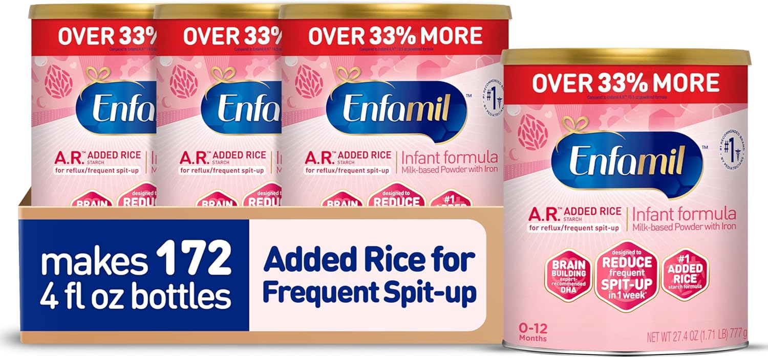 Enfamil A.R. Infant Formula, Proven to Reduce Reflux & Spit-Up in 1 Week, with Iron, DHA for Brain Development, Probiotics for Digestive & Immune Health, Powder Can, 27.4 Oz (Pack of 4)