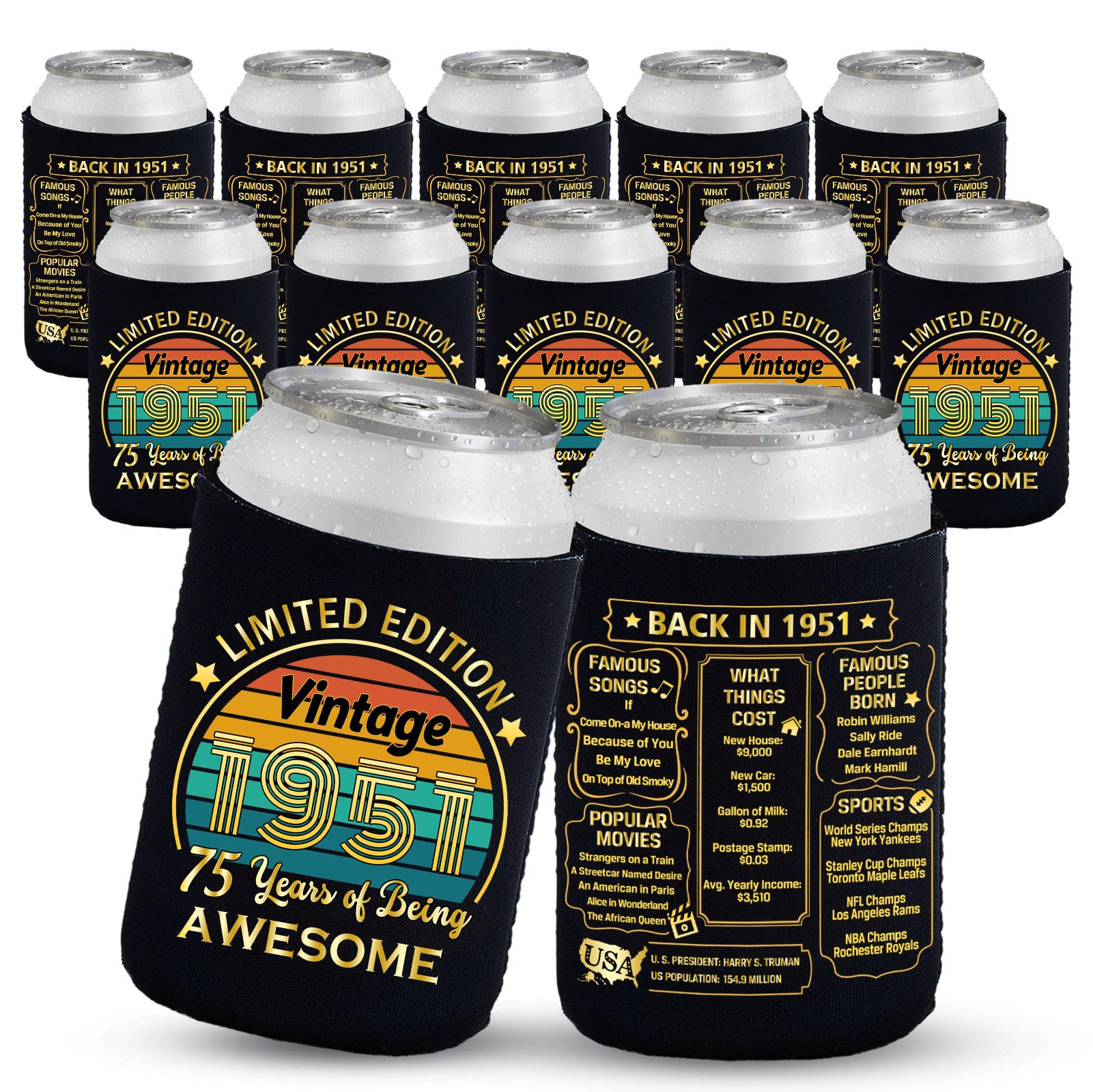 Black & Gold 75th Birthday Decorations - Party Supplies & Favors, Beverage Can Cooler Sleeves (12-Pack)