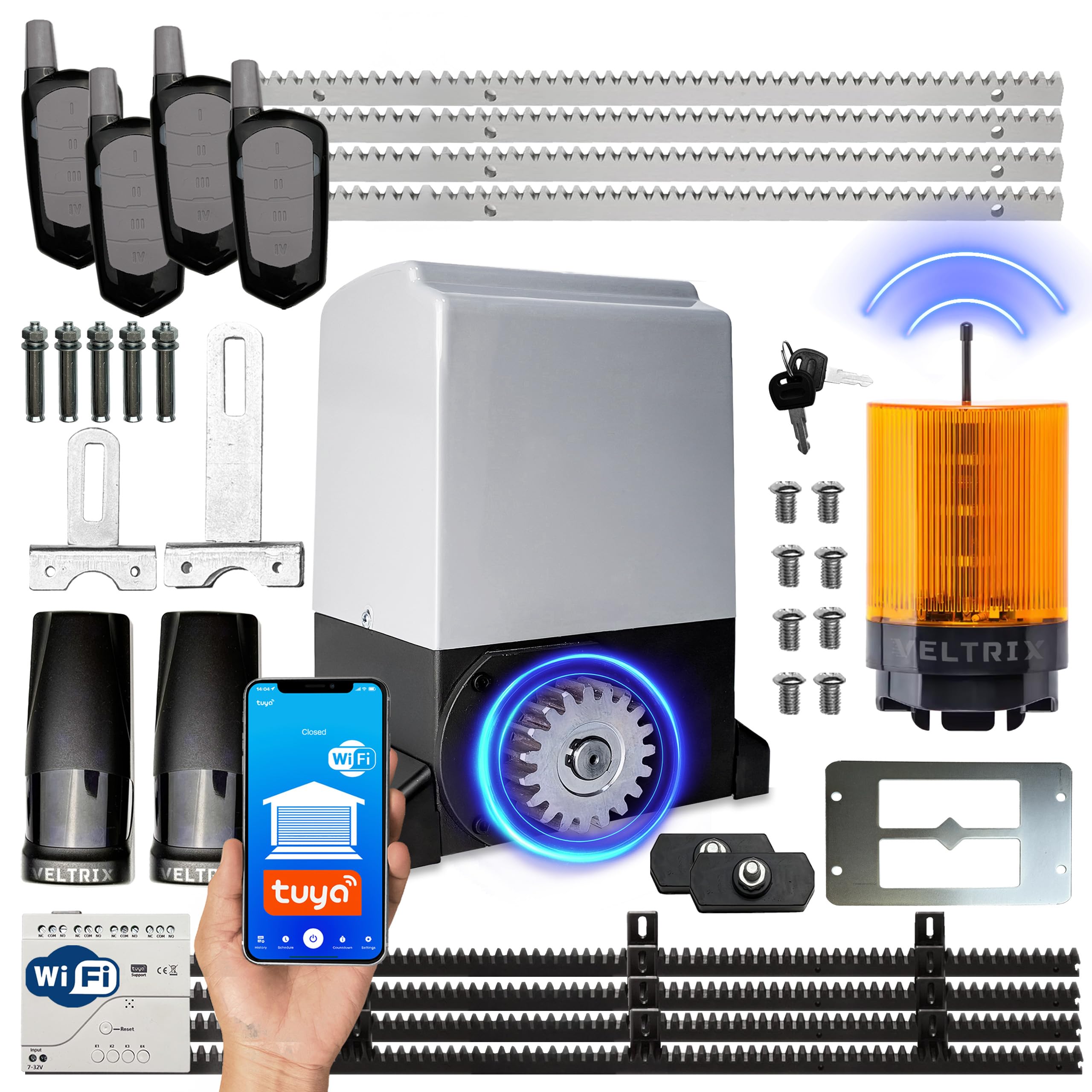 TECHGLOBE - Set di attuatori scorrevoli, 2000 kg, azionamento elettrico per cancelli scorrevoli, WIFI + lampada LED + 4 telecomandi, per cancello scorrevole