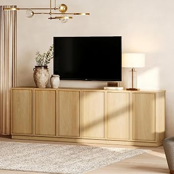 WAMPAT Modern TV Stand for TVs Up to 100", 3-in-1 Entertainment Center TV Console with 6 Doors and Adjustable Shelf, Wooden Media Console Cabinet for Living Room, Bedroom, Oak