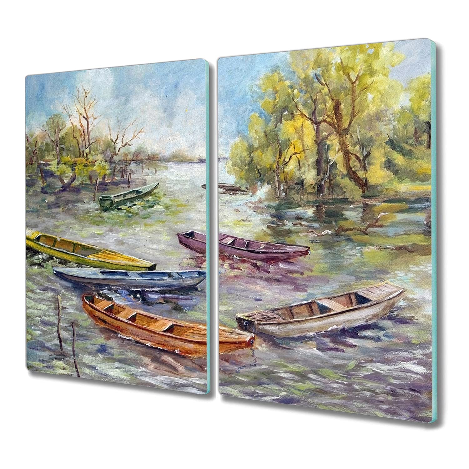 Planche à découper protection plaque induction verre trempé 2x30x52cm motif lac arbre