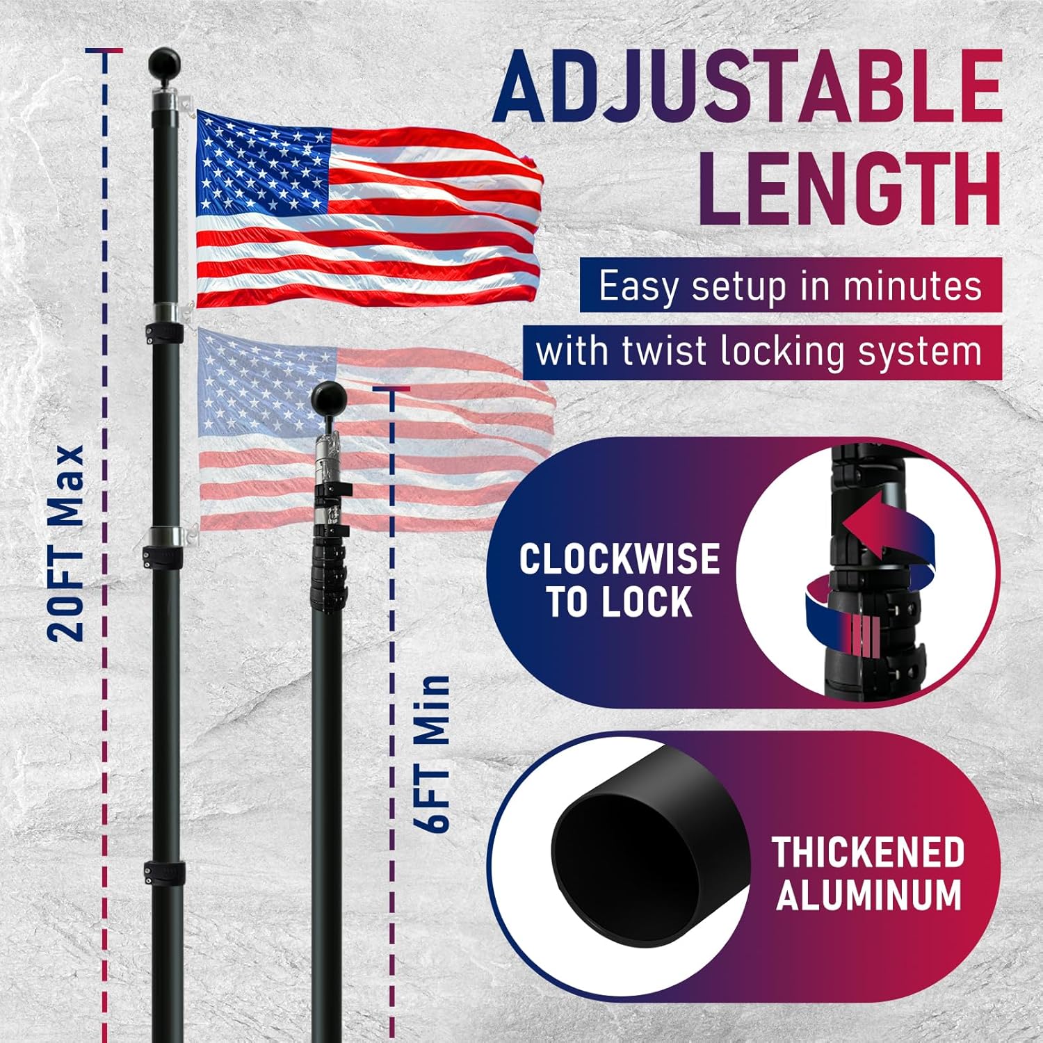 20FT Telescopic Flag Pole Kit, Heavy Duty Aluminum Telescoping Flagpole for Outside House Inground Outdoor Camper RV Tailgate Flagpole with Two 3x5 USA Flags & Black Ball Top, Black