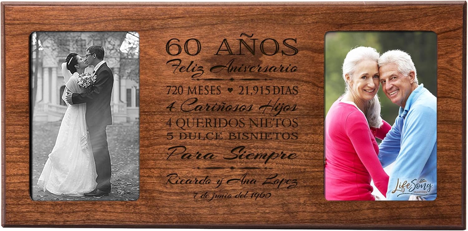LifeSong Milestones Personalized 60th Anniversary Picture Frame Marriage Keepsake Gift with Spanish Verse - Sixty Years Wedding Gift for Parents Husband Wife Him Her Holds 2-4x6 Photo (Maple)