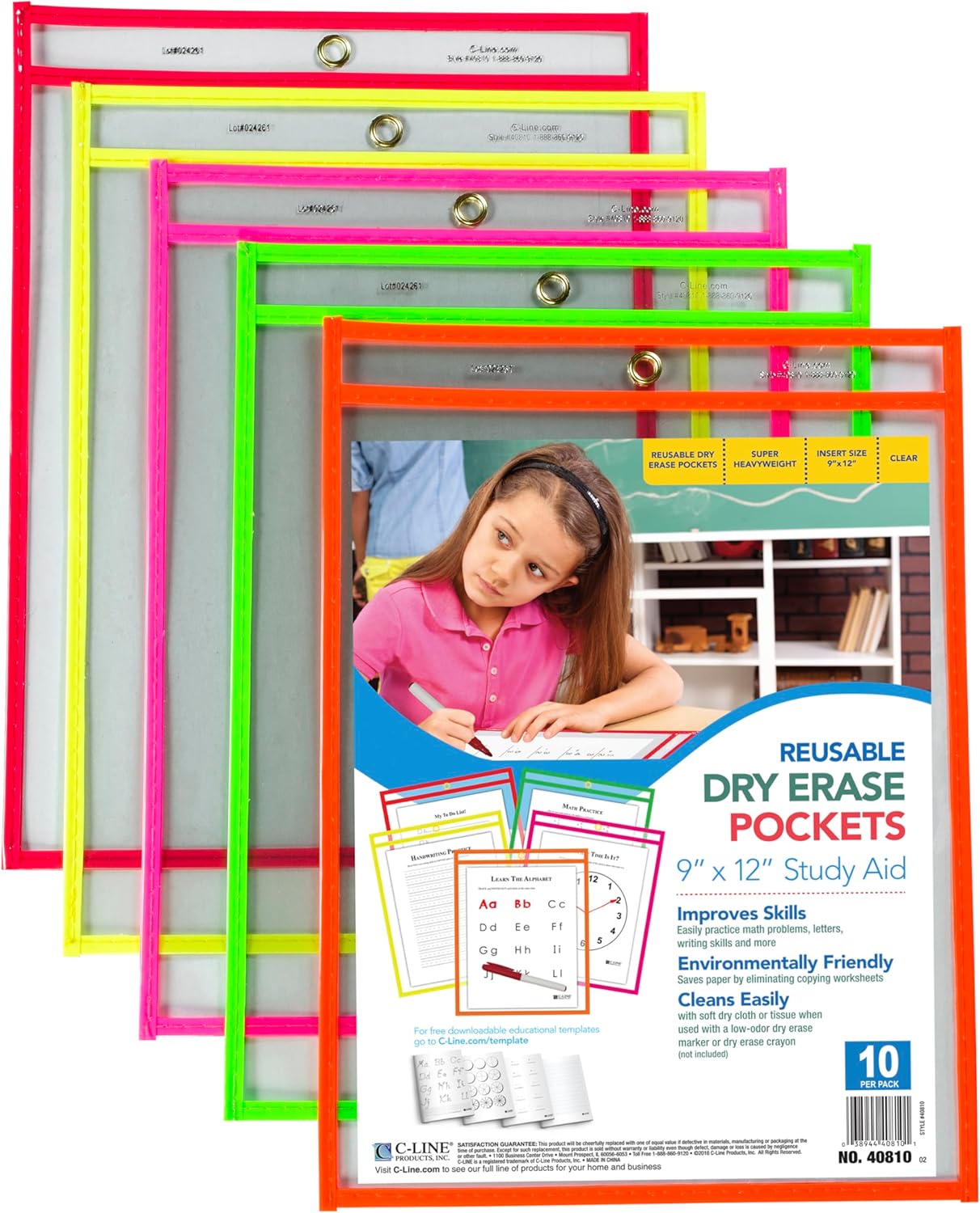 C-Line Reusable Dry Erase Pockets, 9 x 12 Inches, Assorted Neon Colors, 10 Pockets per Pack (40810)