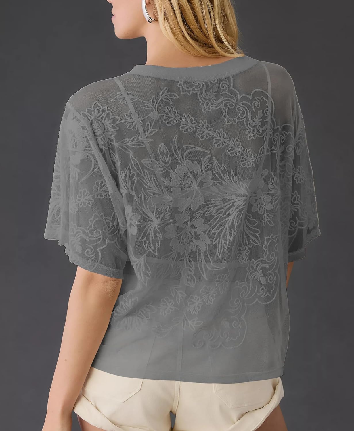 Aimiray Women's Sexy Lace Tops Short Sleeve Round Neck Mesh 3D Printed Floral Sheer Blouse See Through Layering Shirt Tops - Image 2