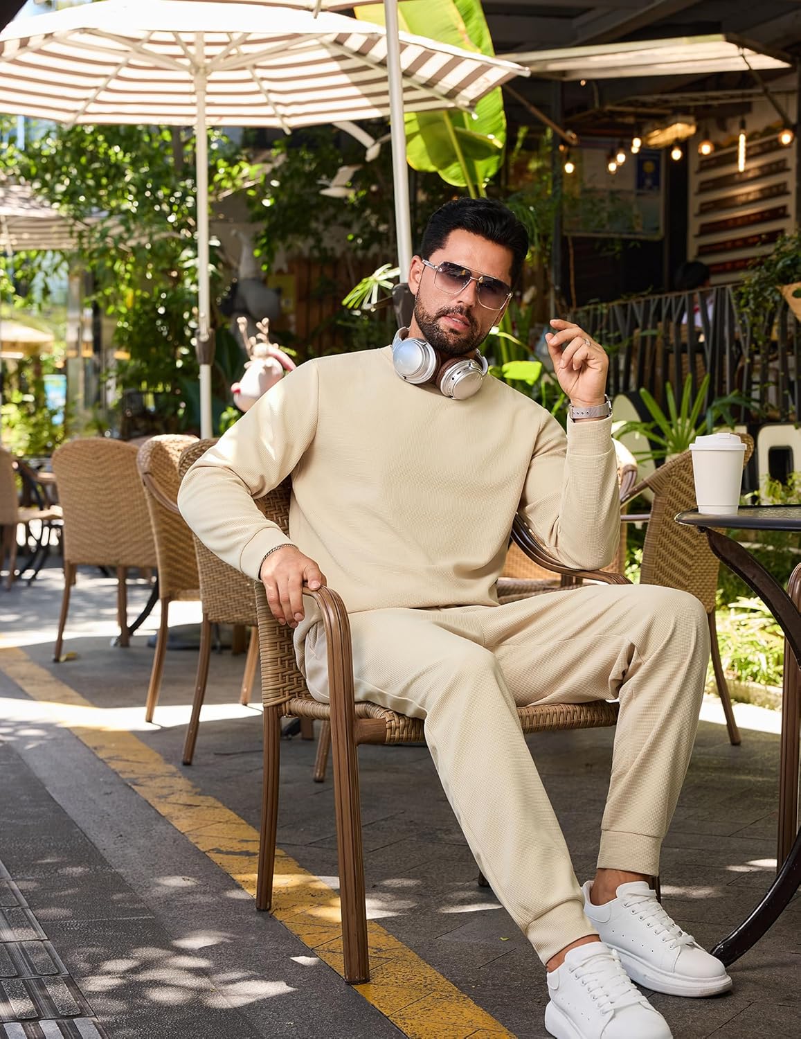 Vssjavun Mens Sweatsuits 2 Piece Sets Waffle Long Sleeve Pullover Sweatsuit Outfits Casual Jogger Suits Sets - Image 4