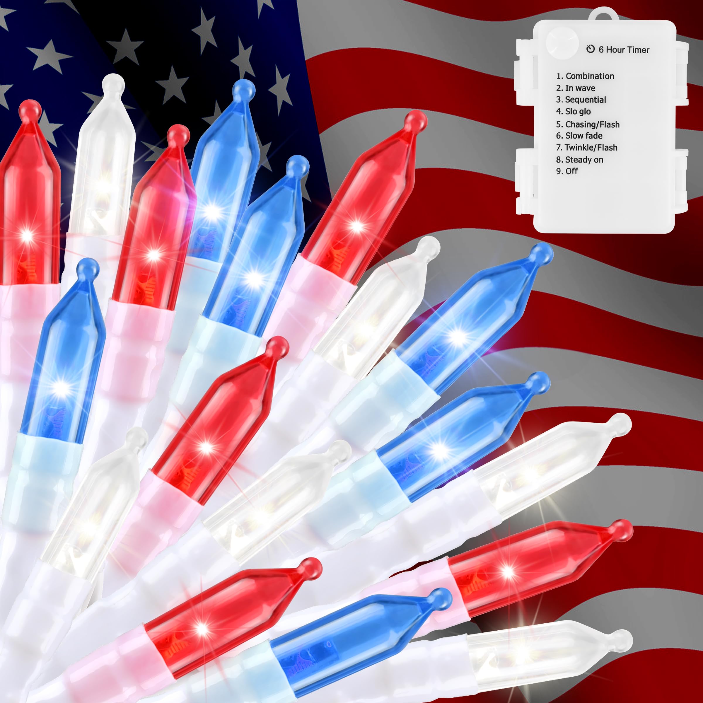 Red White Blue String Lights 50LED 4th of July Decoration Patriotic Battery Operated Mini Lights Waterproof for Indoor Outdoor Bedroom Party Holiday Independence Day