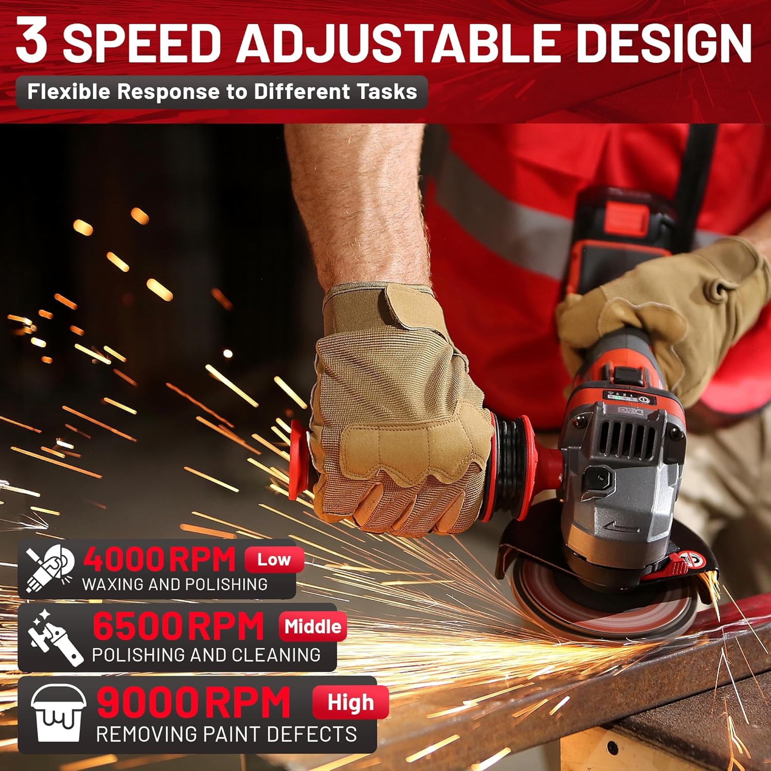 DCK 20V Cordless Angle Grinder, 4-1/2 Inch Brushless Power Grinder Tool with 4000mAh Battery, 6 Piece Discs (2 Cutting/2 Grinding/2 Polishing), Tool-Free Guard, Drop Control & Overload Protection