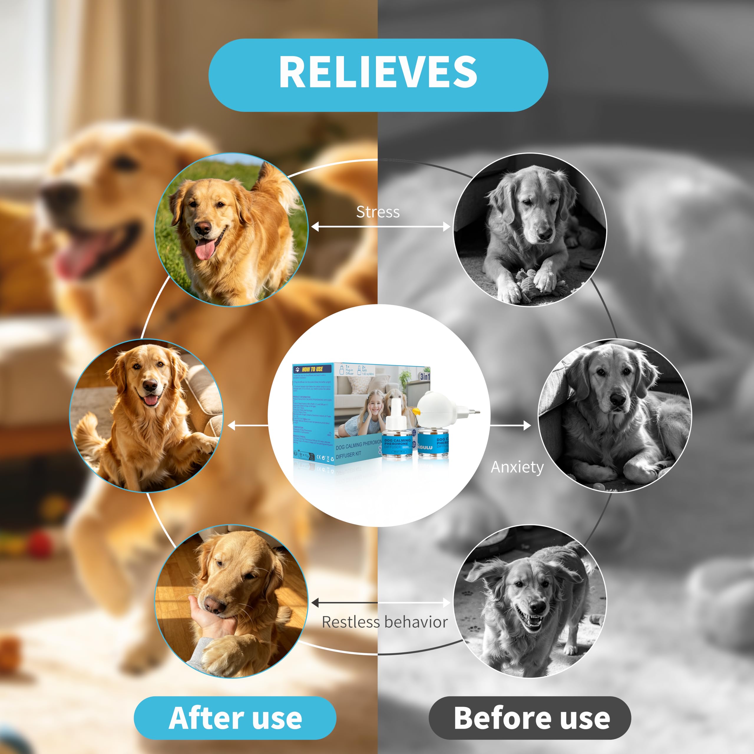 Diffuseur de Phéromones Apaisant pour Chien, Kit 1 Diffuseur + 2 Recharges 48ML, Anti-Stress et Anti-Anxiété, Réduit Aboiements et Comportements Destructeurs, Effet Continu Jusqu’à 60 Jours, Couvertur
