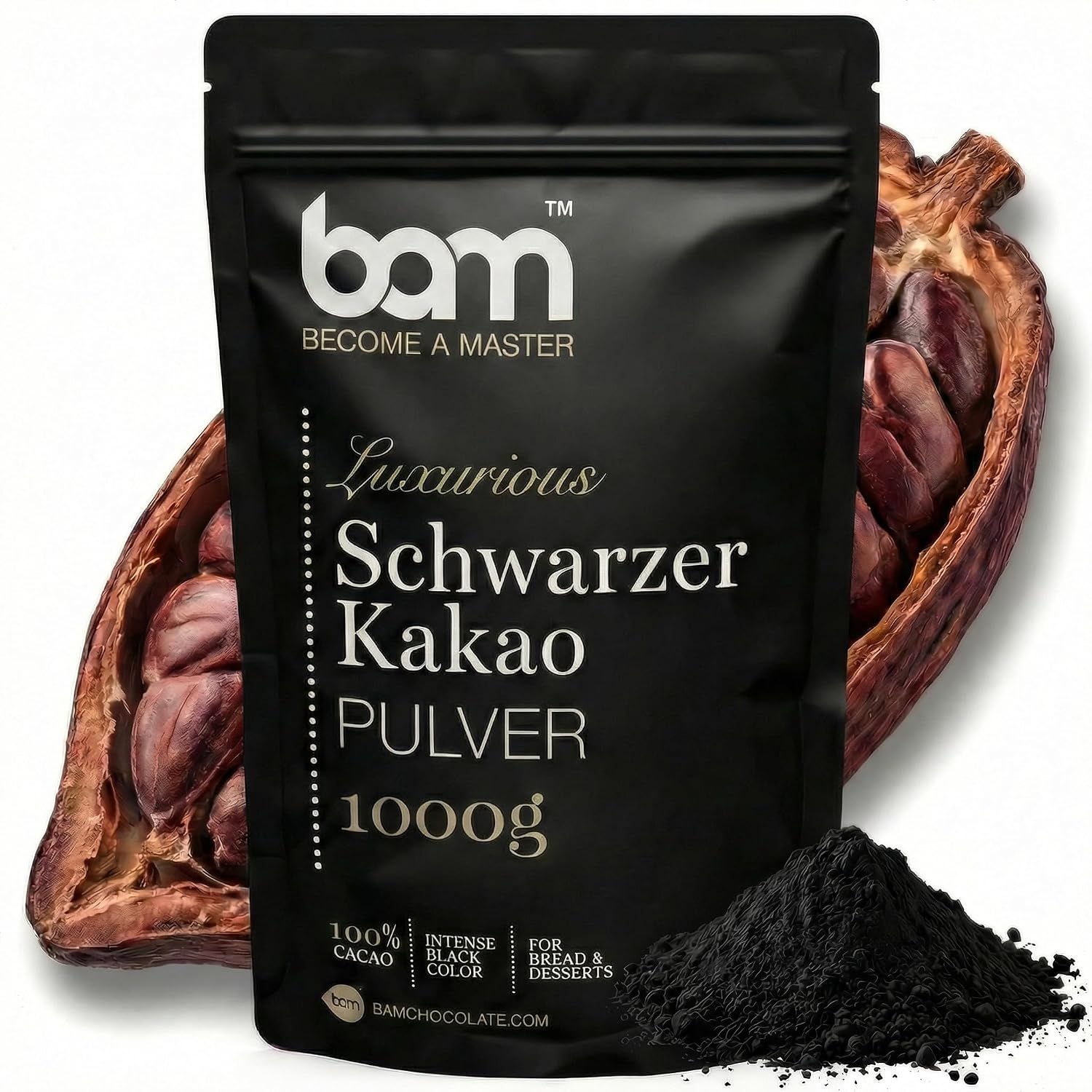 BAM Black Cocoa Powder - 100% Cocoa Unsweetened & Vegan Intense Black Colour for Baking Biscuits Cakes Desserts & Glazes - 1 kg