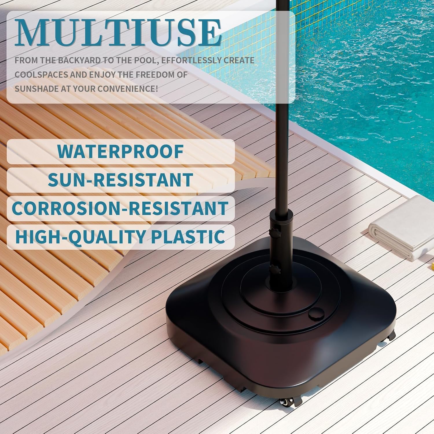 Umbrella Base,Heavy Duty Patio Umbrella Stand with 5 Wheels, Max 180lb Fillable Umbrella Holder Wind-Resistant, Mobile Square Market Stand for Outdoor, Deck, Lawn, Fits Most Sized Umbrellas (21 in)