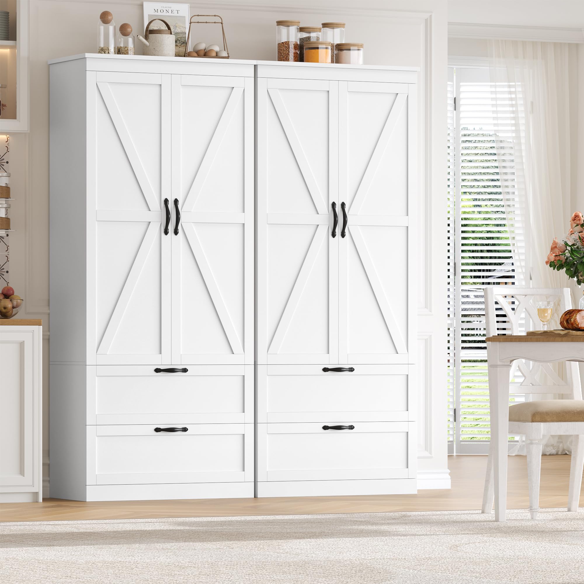 HOCSOK Küchenschrank, Küchenbuffet Buffetschrank, 2 Türen und 2 Schubladen | Vorratsschrank Küche mit Verstellbare Ablage, Hochschrank Mehrzweckschrank, Weiß