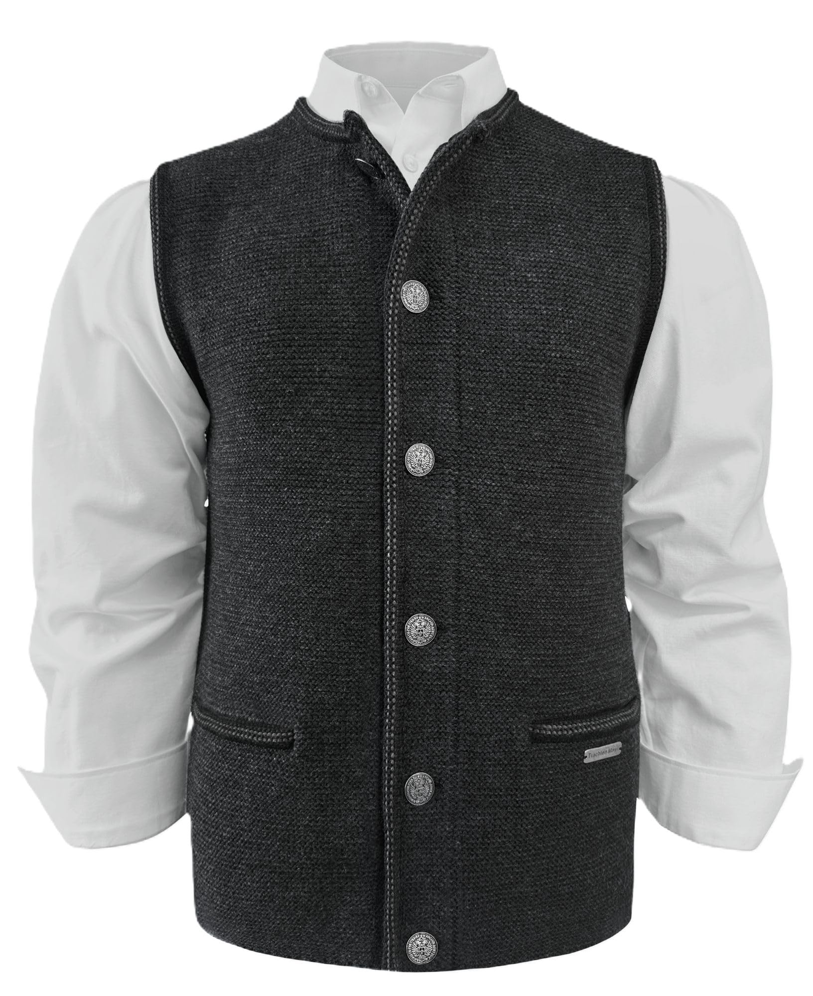 Trachtenweste Strickweste Trachtengilet Strickgilet Strickjacke ohne Arm Gilet Herren Trachtenjacke Jacke ärmellos Weste Schurwollmischung Strick waschbar dunkelgrau braun