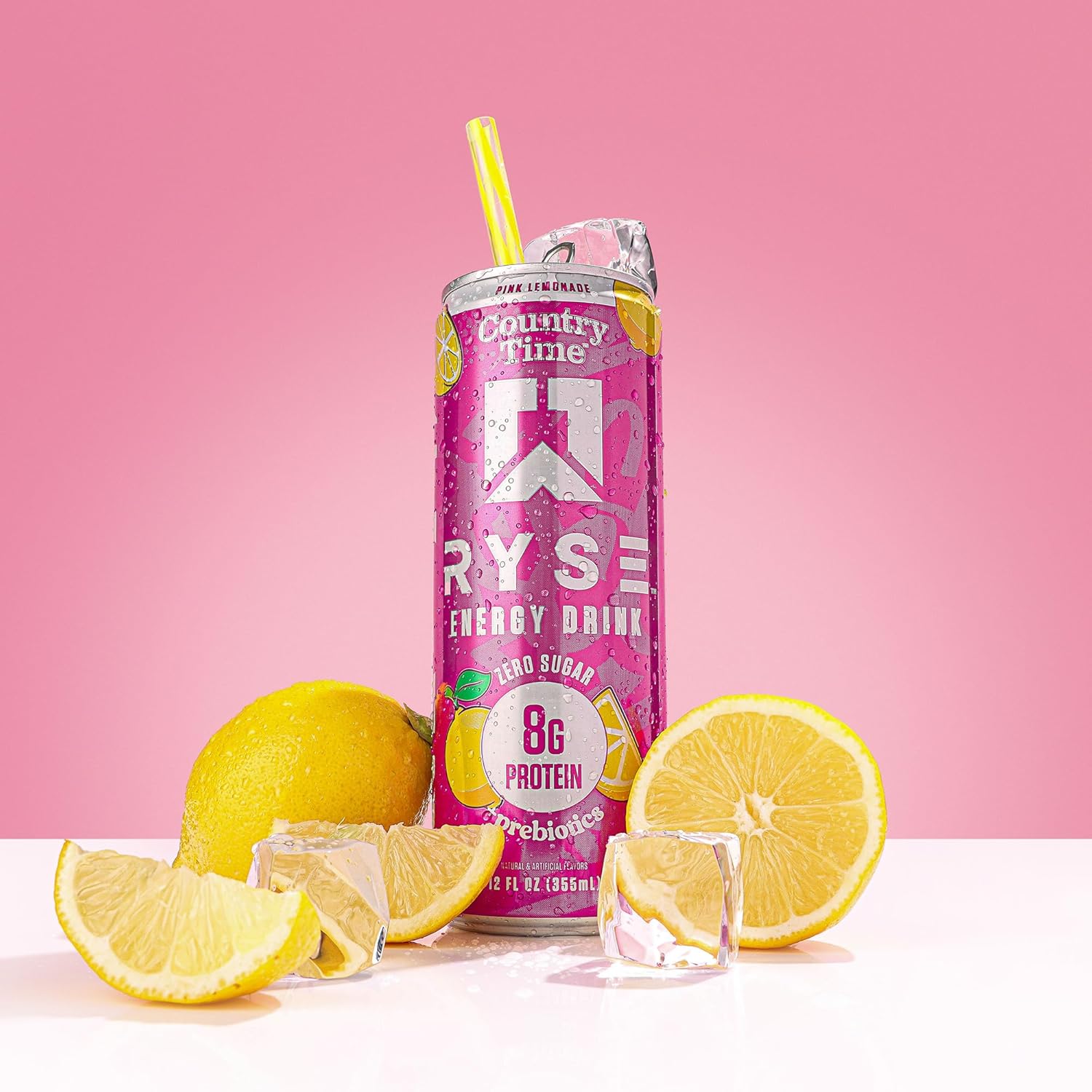 RYSE Functional Energy Drink - Country Time Pink Lemonade - 150mg Natural Caffeine, 8g Whey Protein & 1g Prebiotics - Sugar Free, Gut-Friendly, Bloat-Free - 12 fl oz Cans (12-Pack)