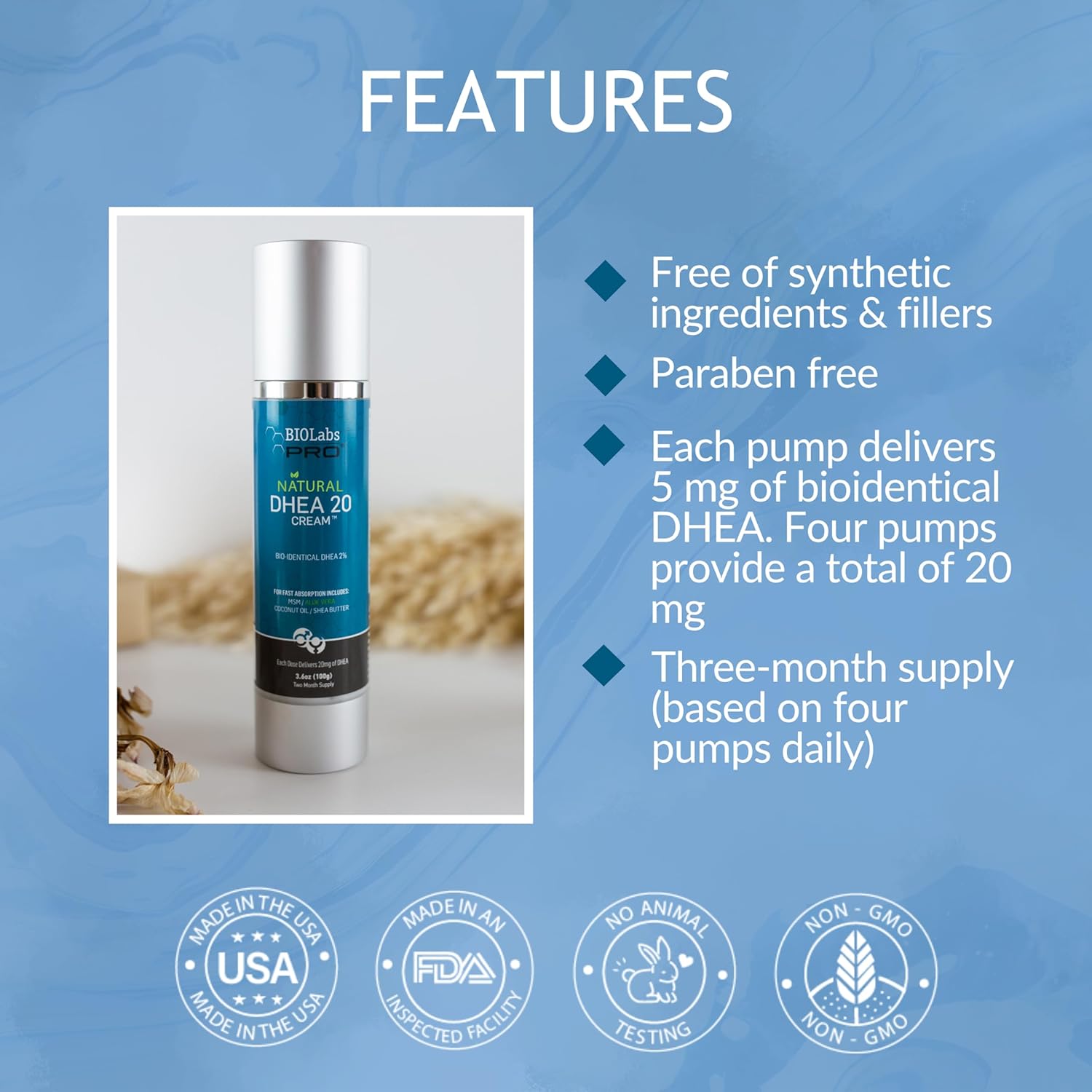 BIOLABS PRO Dhea Cream - Bioidentical Natural Dhea For Women Or Men - 20mg Per Dose - Three Month Supply - Luxury Bottle - 3.6oz