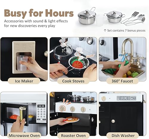 Miniatura 2 de Juego de cocina para niños, juego de cocina de madera para niños con sonidos realistas, juego de cocina con estufa, horno y máquina de hielo, cocina