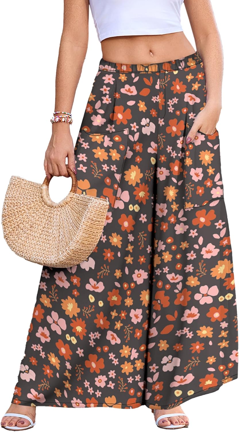 WeciBor Women's Boho Floral Palazzo Wide Leg Pants with Pockets Loose Flowy Casual Beach Vacation Outfits