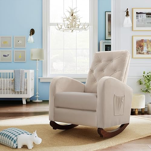 Miniatura 8 de Silla mecedora moderna, sillón de terciopelo copetudo con respaldo alto y bolsillo lateral para guardería, dormitorio, sala de estar (beige)