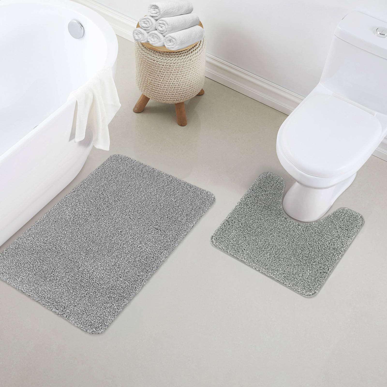 renoazul® Thick Non Slip Bathroom Rug - Grey Bath Mat Sets 2 Piece 40 x 50 cm & 50 x 80 cm - Washable, Dust-Scraper, Ideal Value Pack For Indoor Bath Mat Set