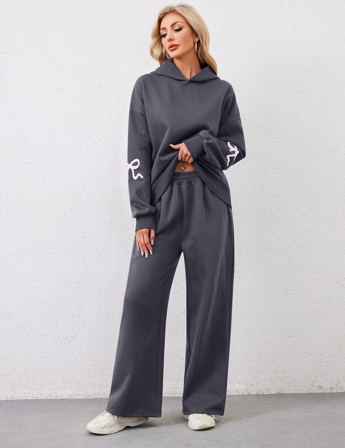 Womens 2 Piece Sweatsuits Bow Print Hoodies Sets Oversized Graphic Hoodie Wide Leg Sweatpants Fall Outfits - Image 2