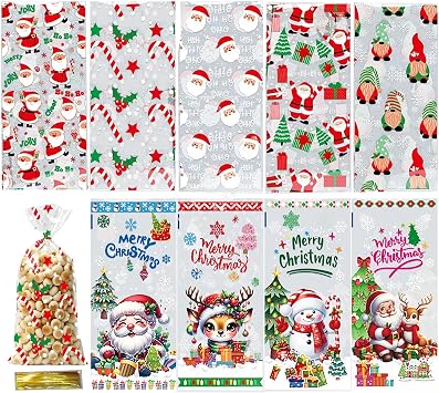 Hryxic Christmas Clear Treat Bags - 100 PCS Cellophane Santa Claus Goodie Candy Bags With Twist Ties for Party Favors Supplies - 9 Styles