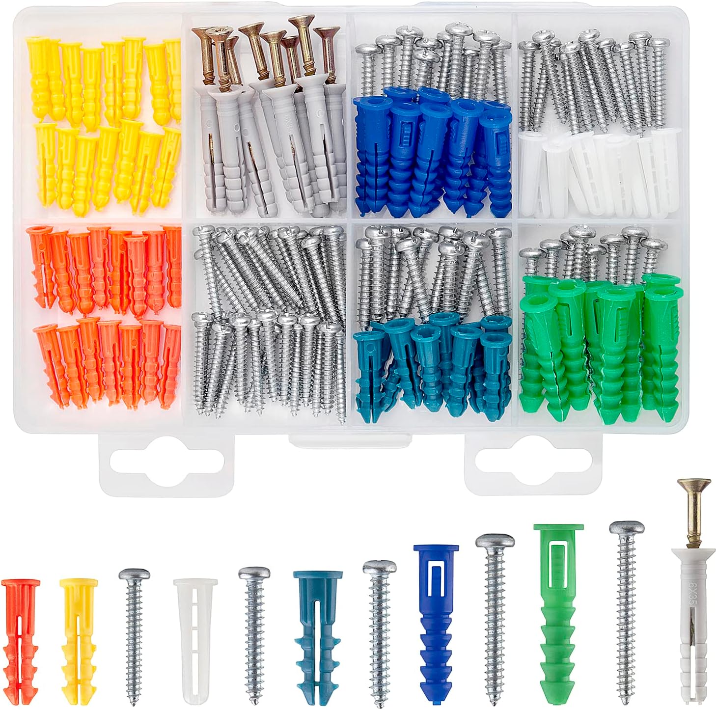 Drywall Anchor Kit with Screws,144 PCS Colors Screw and Anchor Set Includes 6 Sizes Plastic Wall Anchors and Self-Tapping Screws for Drywall with Organizer Case (144 PCS)