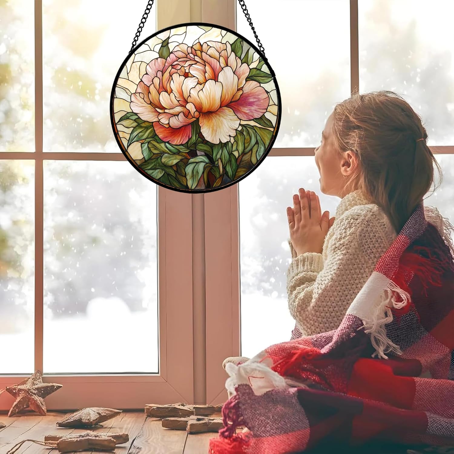 Stained Glass Window Hanging - Elegant Pink Peony Birth Flower Sun Catcher for Door Garden Home Decor Suncatcher Wedding Mother's Day Birthday Gifts for Women Mom Girl Nana Friend 9.8 in