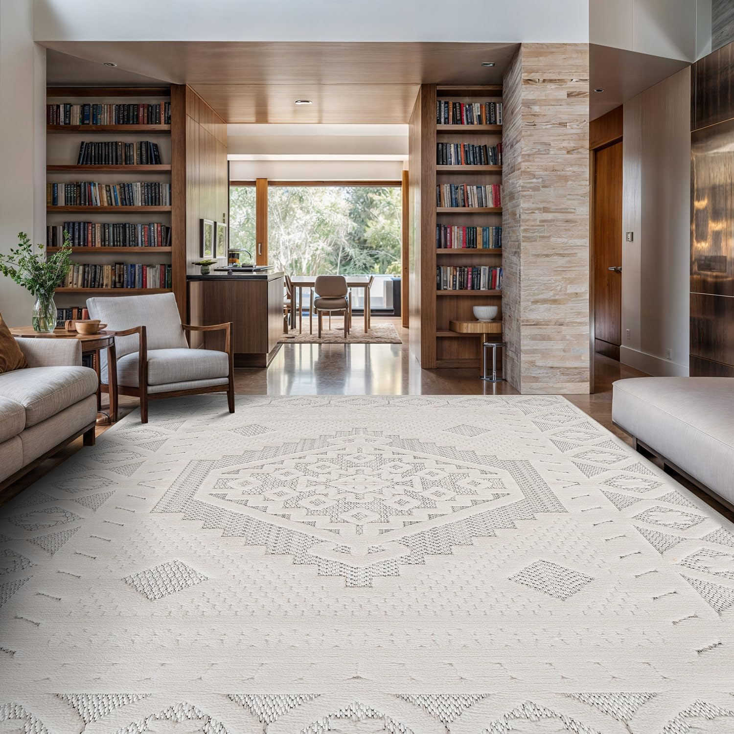Modern Micro Loop Indoor Area Rugs for Living Room Bedroom Kitchen Geometric Trellis White 6x9 Luxury Durable Low and High Pile Non-Shedding Stain Resistant Soft Area Carpet 6 x 9