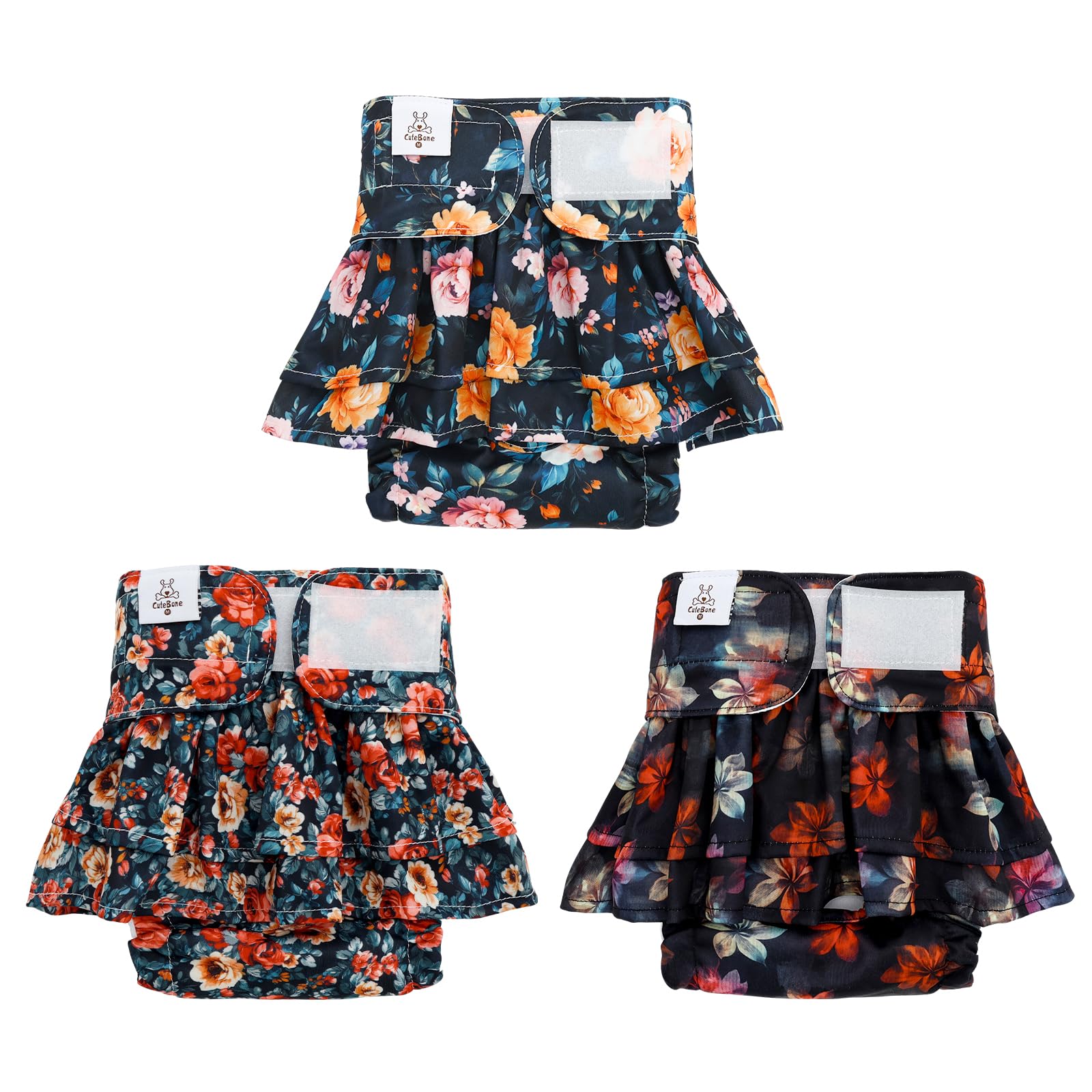 CuteBone Female Dog Diapers with Skirts 3 Pack Reusable Puppy Dresses Pants for Heat Cycle Period QBD21S