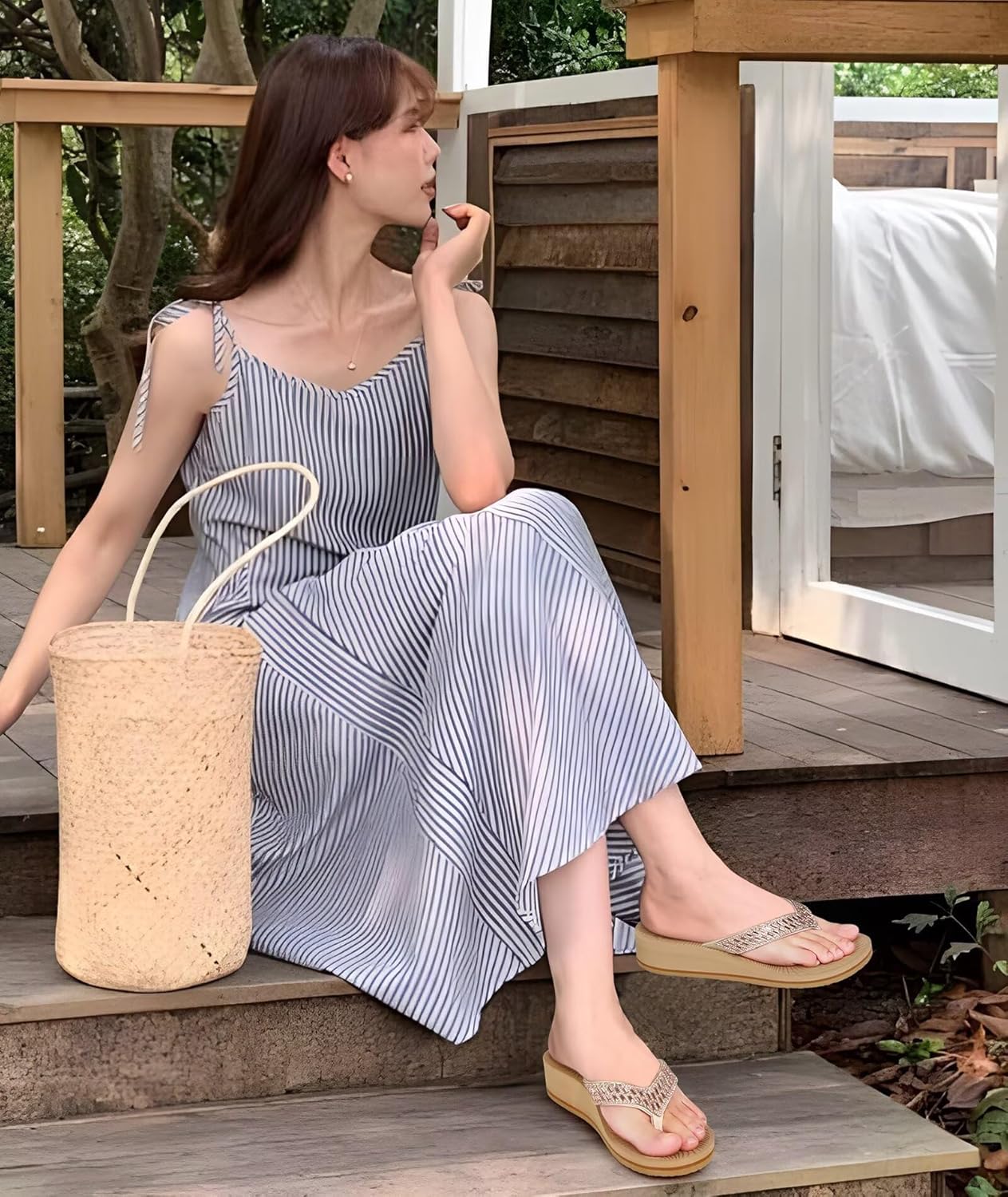 KuaiLu Women's Rhinestone Platform Arch Support Flip Flop Sandals - Image 2