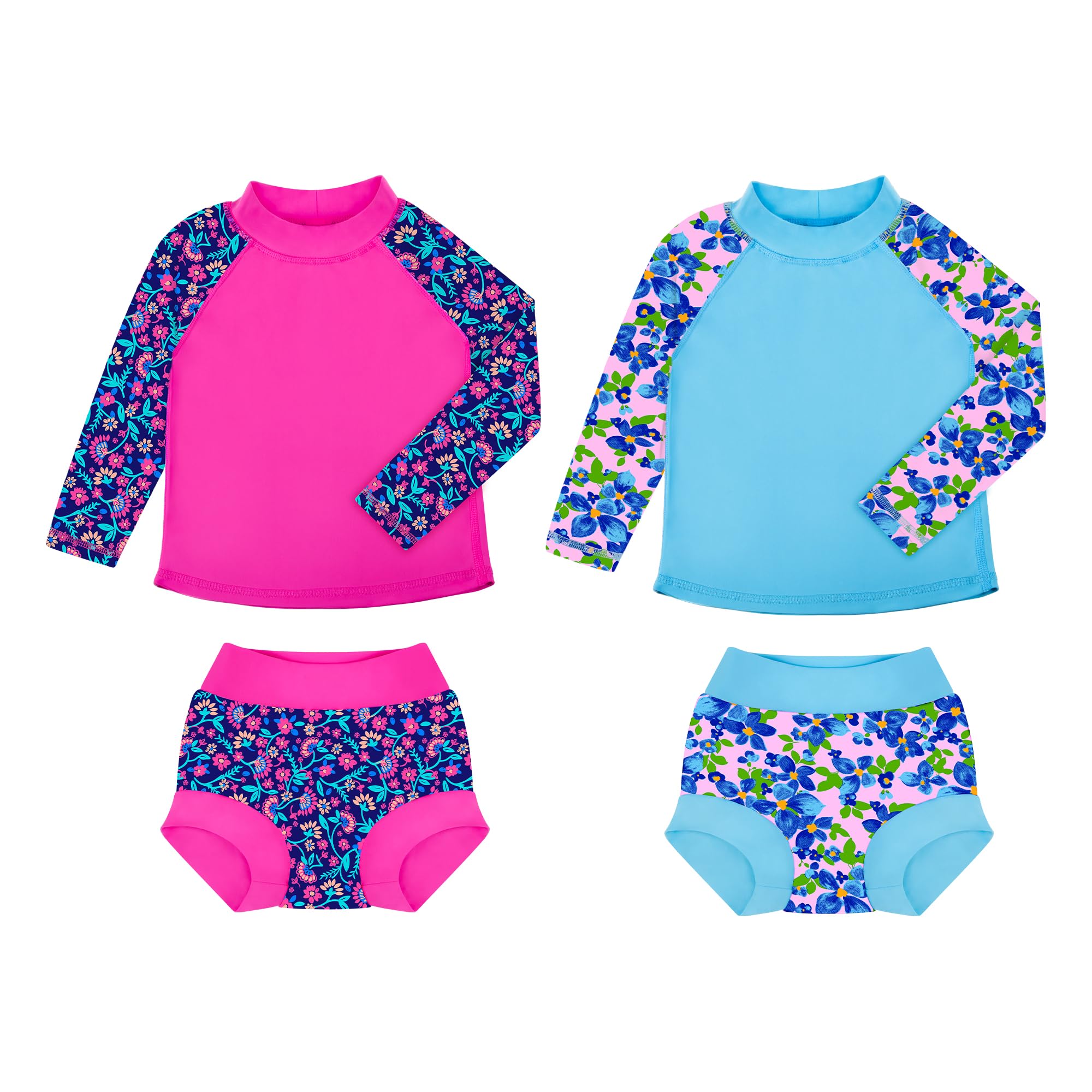 BIG ELEPHANT 2 Pcs Rash Guard Swim Diapers Sets for Unisex Baby, Boys Girls Long Sleeve Swimsuit with UPF 50+ Sun Protection