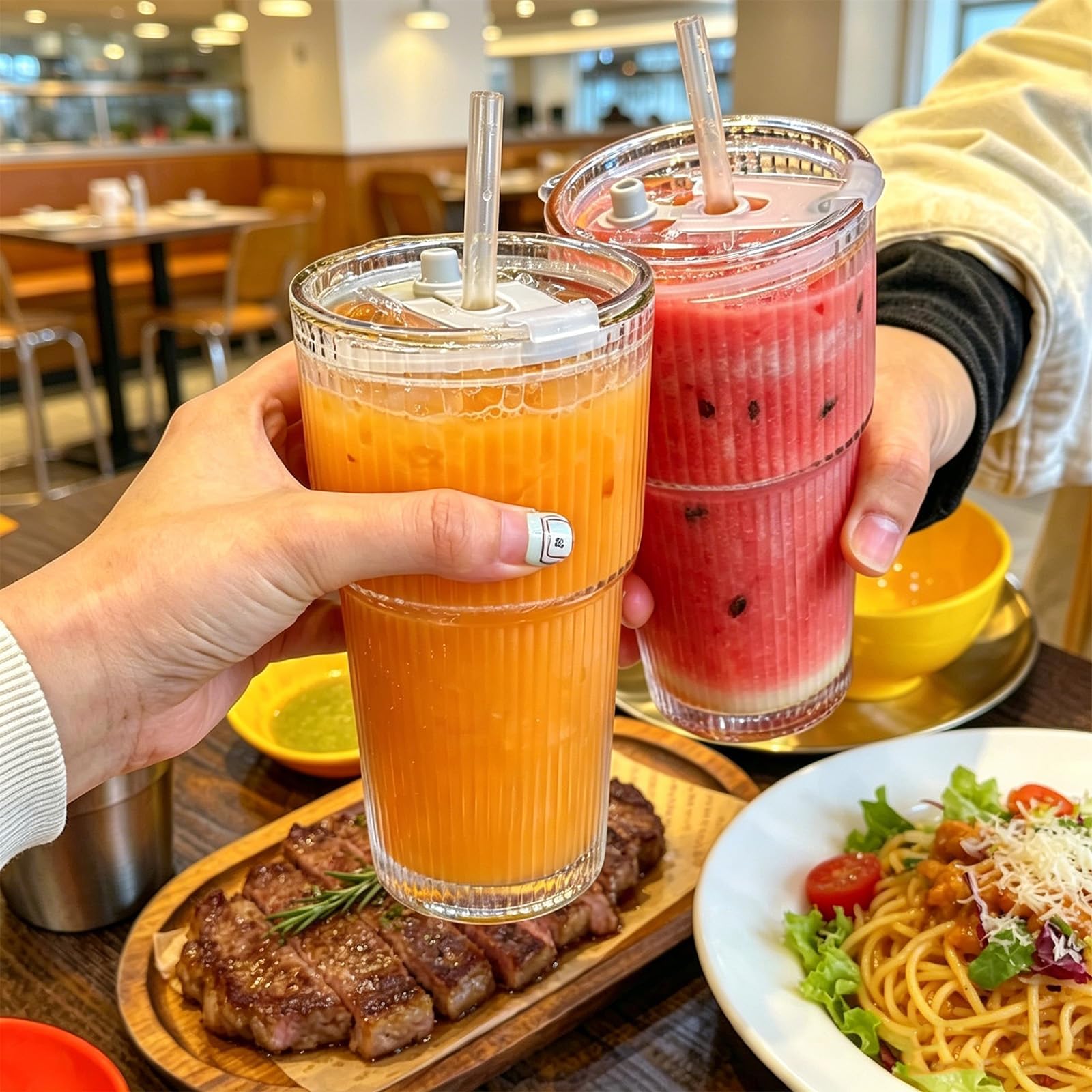 Tazze di vetro a righe, 2 parti, tazze di vetro, bicchiere da bere, bicchiere da long drink, bicchiere rigato con coperchio e cannuccia, bicchiere da 600 ml per smoothie, tazza di vetro, con spazzola