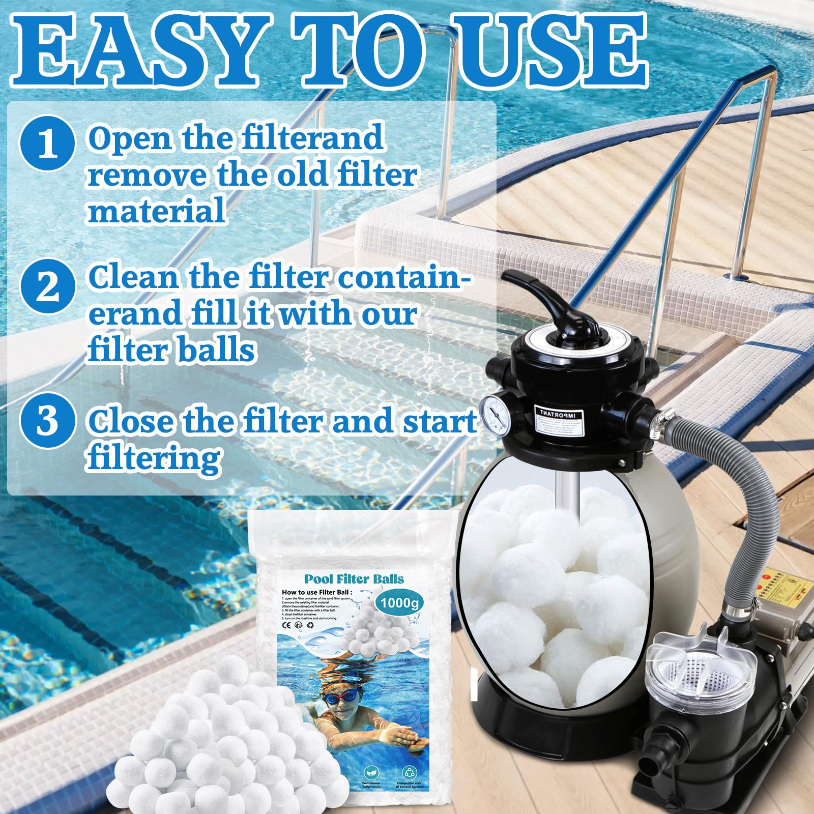 1000g Filtro Balls,Palline Filtranti per Piscina,Sfera Filtrante per Piscina,Filtro a Sfere di filtrazione,Essere riutilizzato,per Filtro Piscina,Adatto a Vari Filtro a Sabbia,Pompe Filtranti