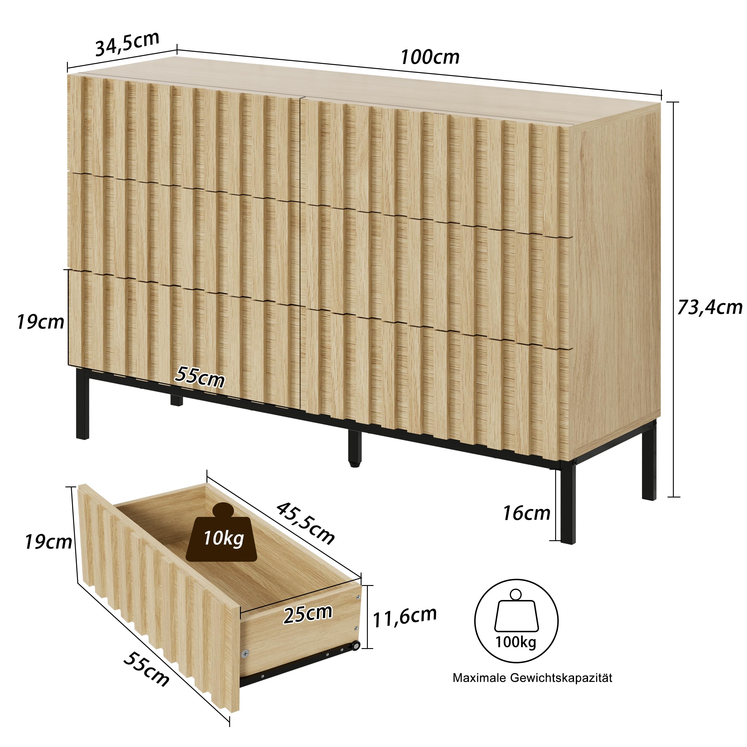 UEV Kommode mit 6 Schublanden, 100 x 34,5 x 73,4cm, Schrank mit Schubladen, Schmal Kommode, Aufbewahrungskommode, Schrank für Wohnzimmer Schlafzimmer Flur (Natur)