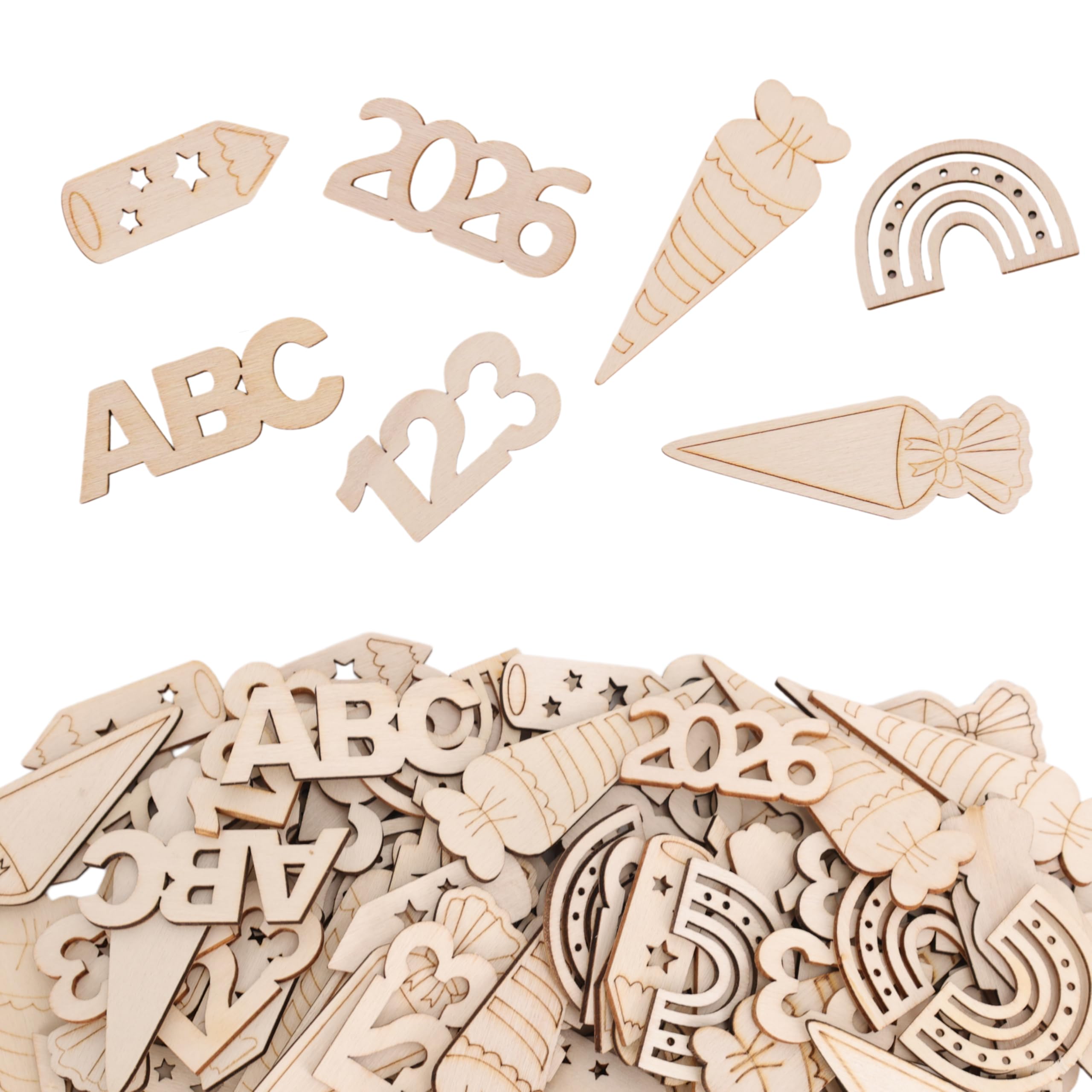 100 Stück Einschulung Deko Holz, 2026 Tischdeko Einschulung für Mädchen & Jungen, Natürliche Holzteile für Tischdeko zur Einschulungsfeier und Schulanfang, Tisch Deko Schulanfang Schulkind (Holz)