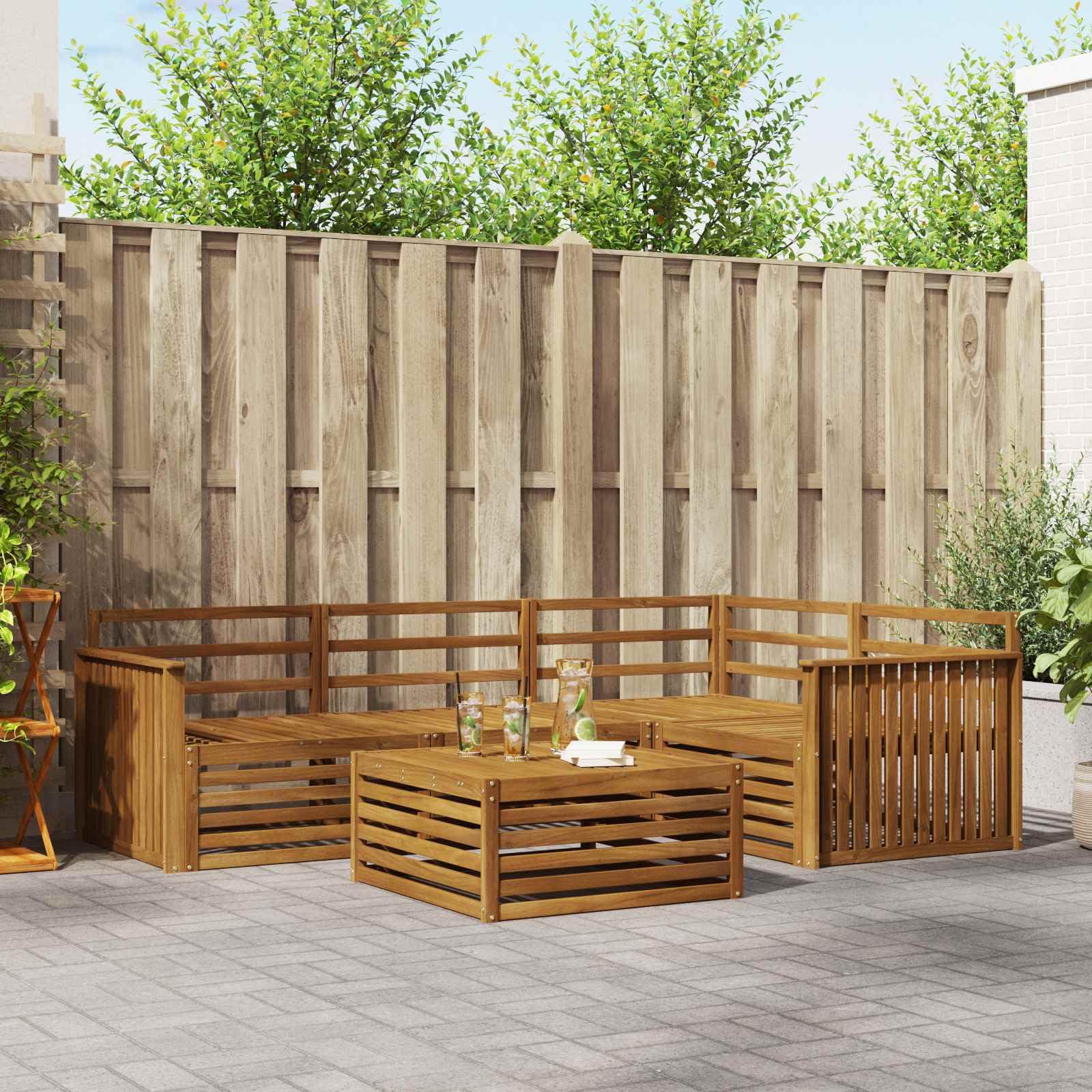 Ensemble de Canapés d Extérieur 5 Pièces Naturel en Acacia Massif Modulable Lounge Salon de Jardin avec Accoudoirs Résistant aux Intempéries pour Terrasse Patio Confortable et Facile à Entretenir
