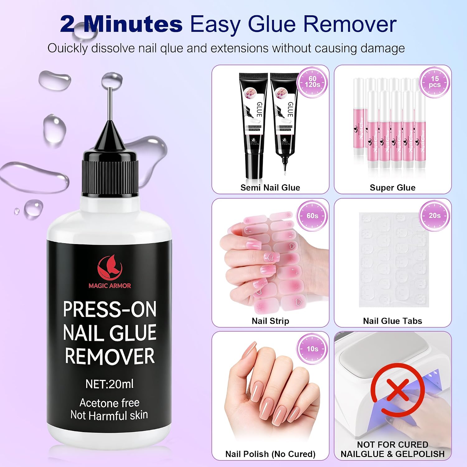 3 x 20ML Press-On Nail Glue Remover, Acetone-Free Nail Glue Remover with Nail Removal Tool, Fast Glue Dissolver for Fake Nails, Adhesive Residue & Nail Polish（ Not for Gel Polish）