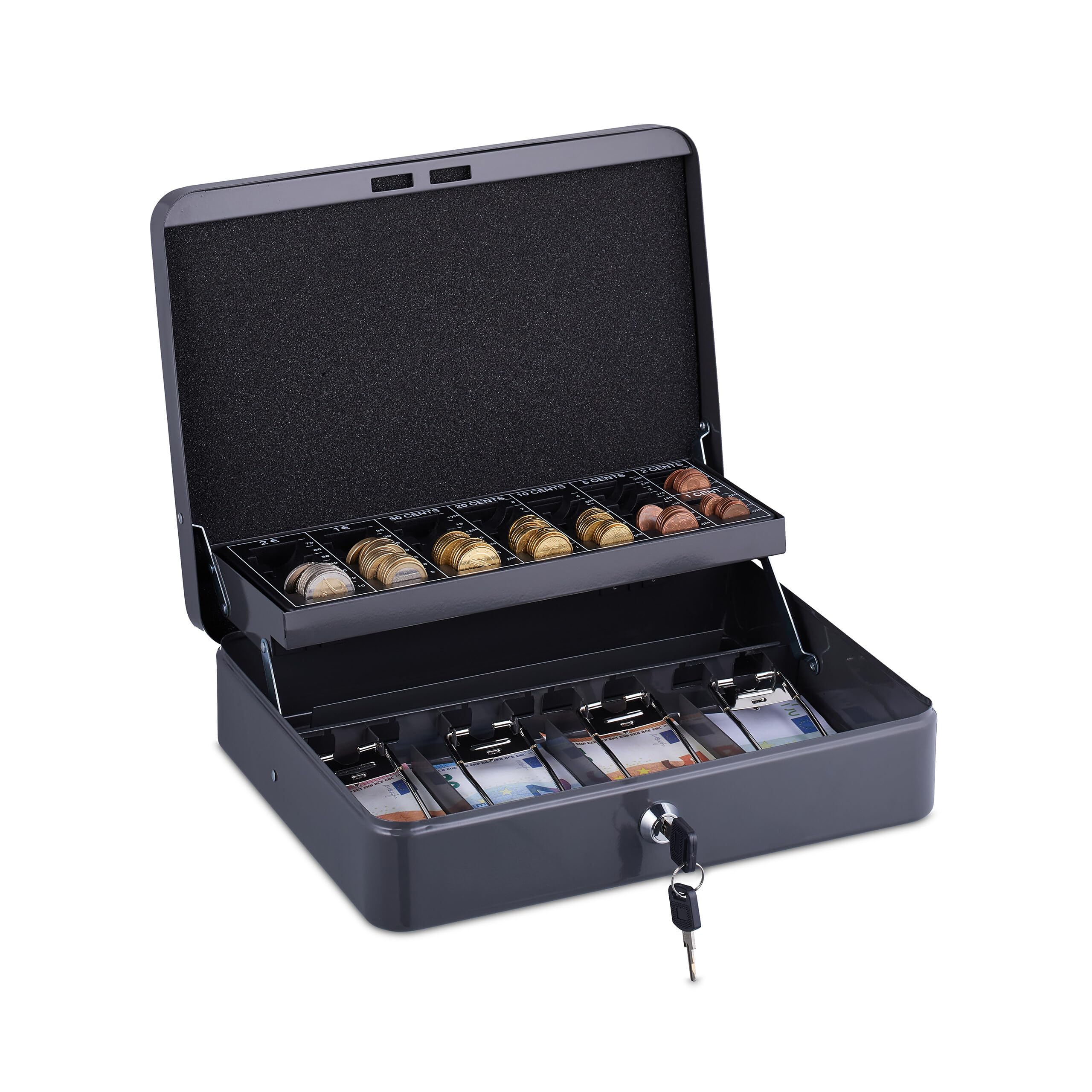 Relaxdays Cash box, lockable, iron, coin counting board & 4 note compartments, HBT: 8.5 x 30.5 x 24.5 cm, cash box, grey