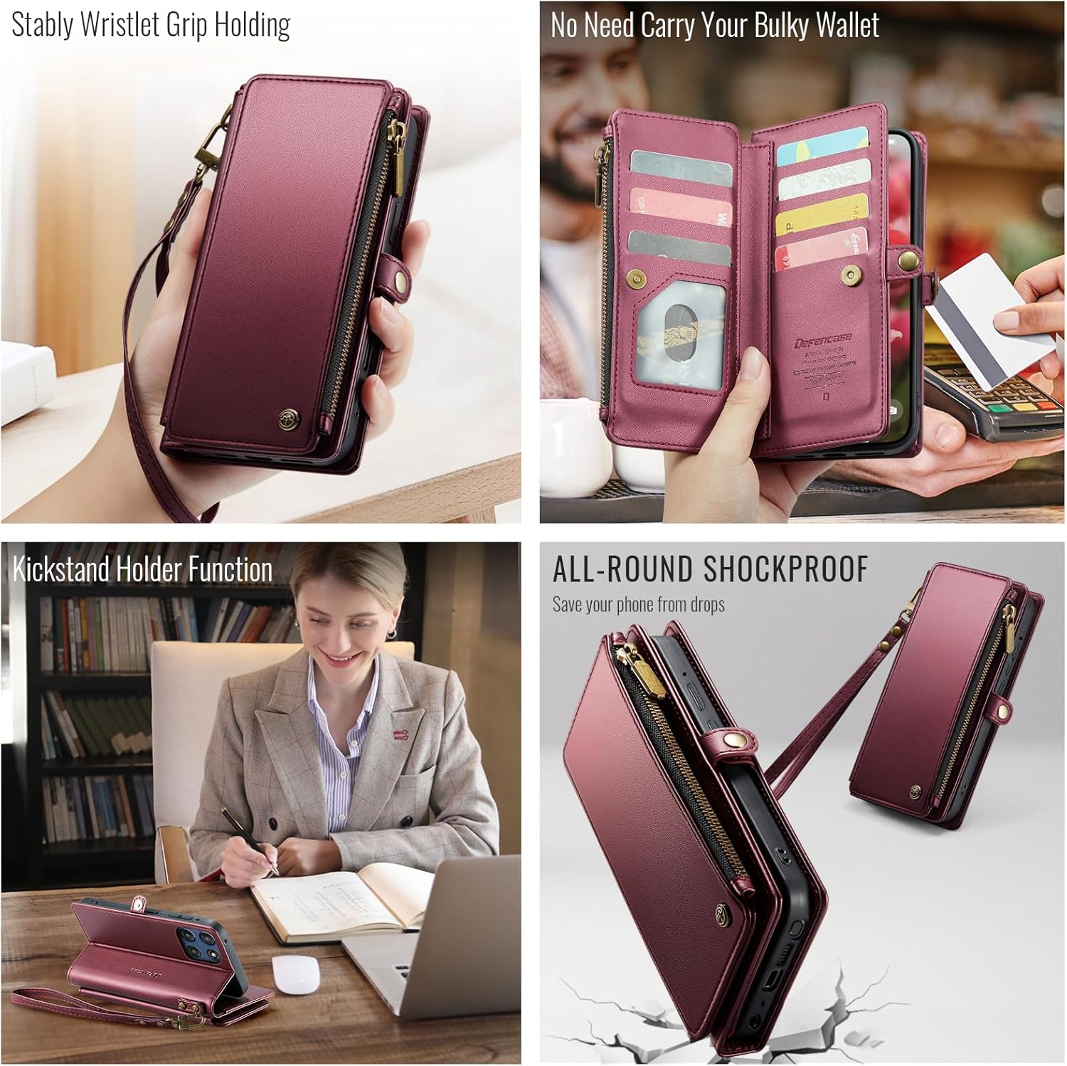 Defencase Compatible with Moto G Stylus 5G (2025) Case, RFID Blocking Wallet Case for Motorola Moto G Stylus 5G 2025 PU Leather Flip Strap Zipper Card Holder Phone Cases for Women and Men, Wine Red