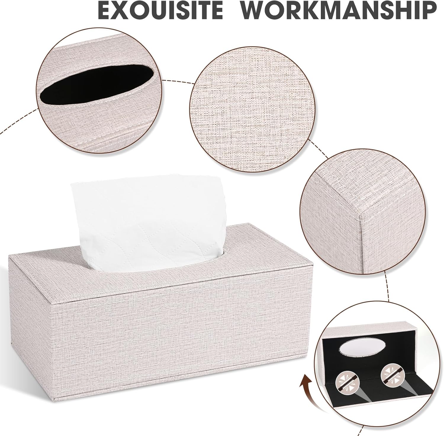 4 Pack Tissue Box Cover Rectangle, Linen Tissue Box with Magnetic Bottom, Napkin Facial Tissues Holder Dispenser, Decorative Tissue Holder for Bathroom Toilet Bedroom Living Room Office, Beige