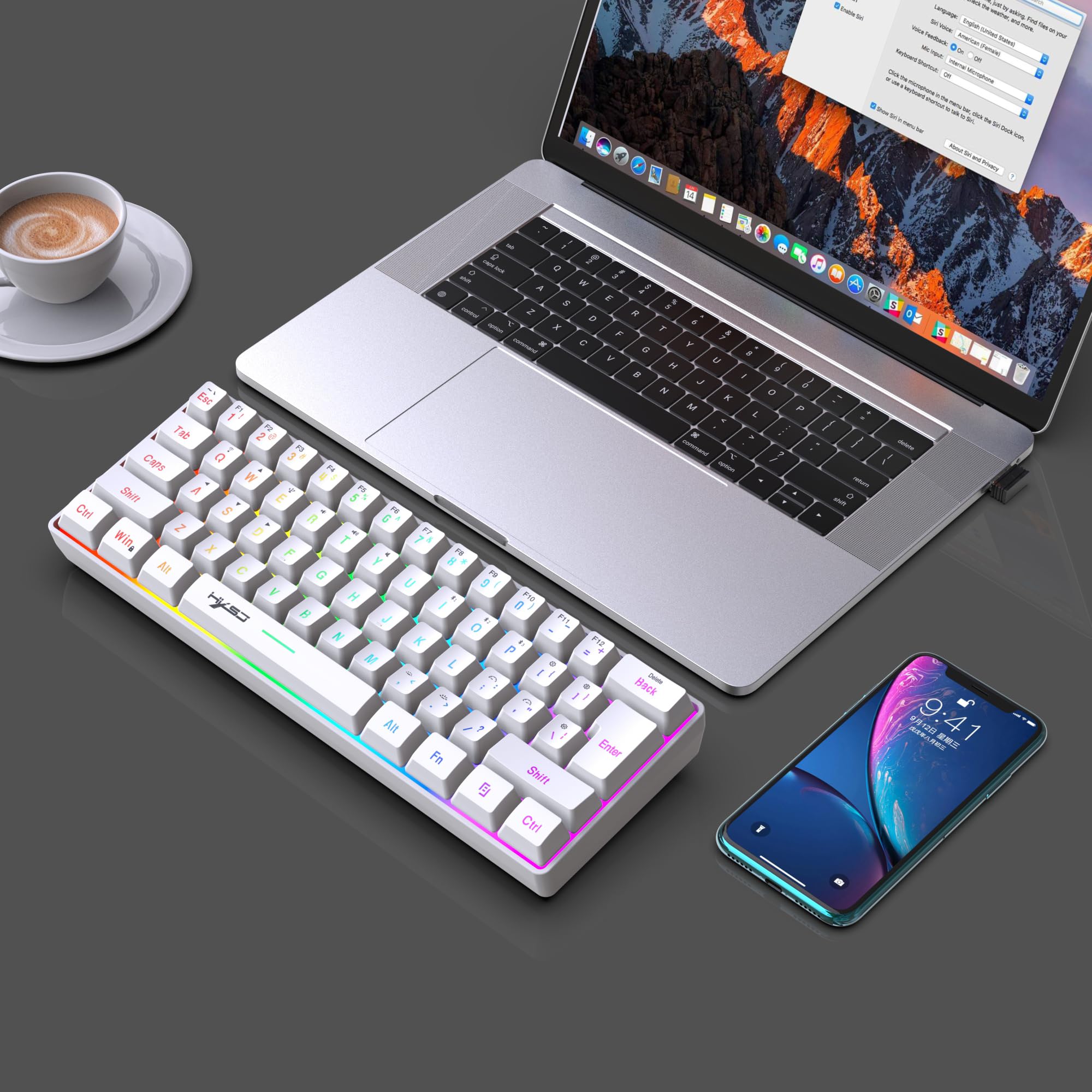 Tastiera Wireless Gaming, 61 Tasti Bluetooth 5.0 + 2.4G Dual-Mode Tastiera Retroilluminata Arcobaleno Ergonomica Piccola al 60% con Batteria Ricaricabile per Windows Mac PC PS4 Gamer, Bianca