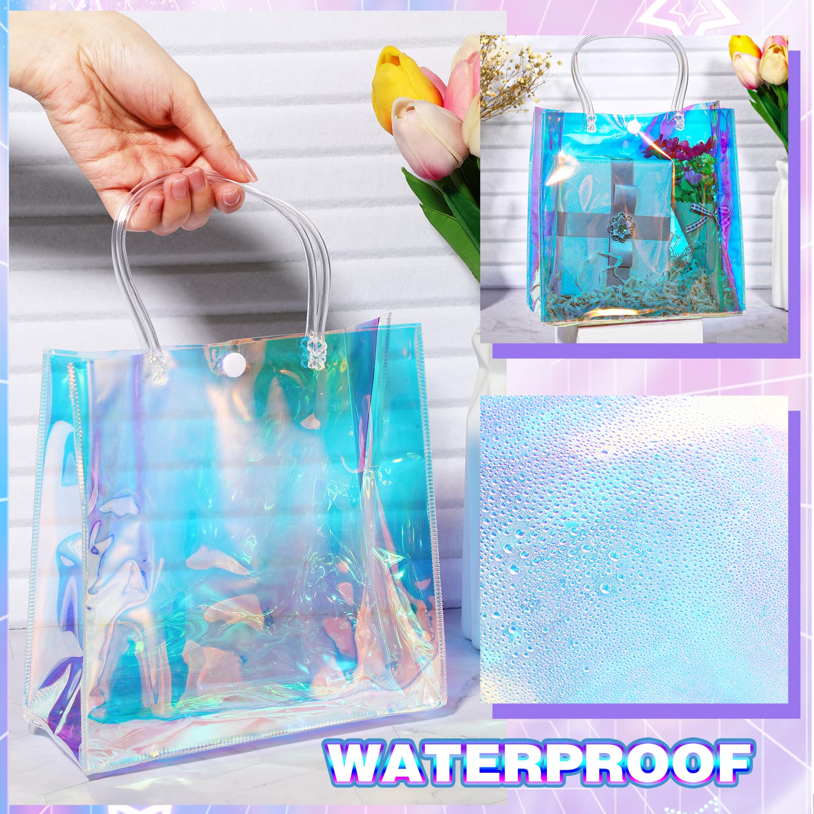 Sherr 25 Pcs Clear Holographic Small Gift Bag Iridescent Reusable PVC Plastic Gift Wrap Tote Bag for Shopping Wedding Birthday Baby Shower Party Favor, 7.87" x 7.87" x 3.15"