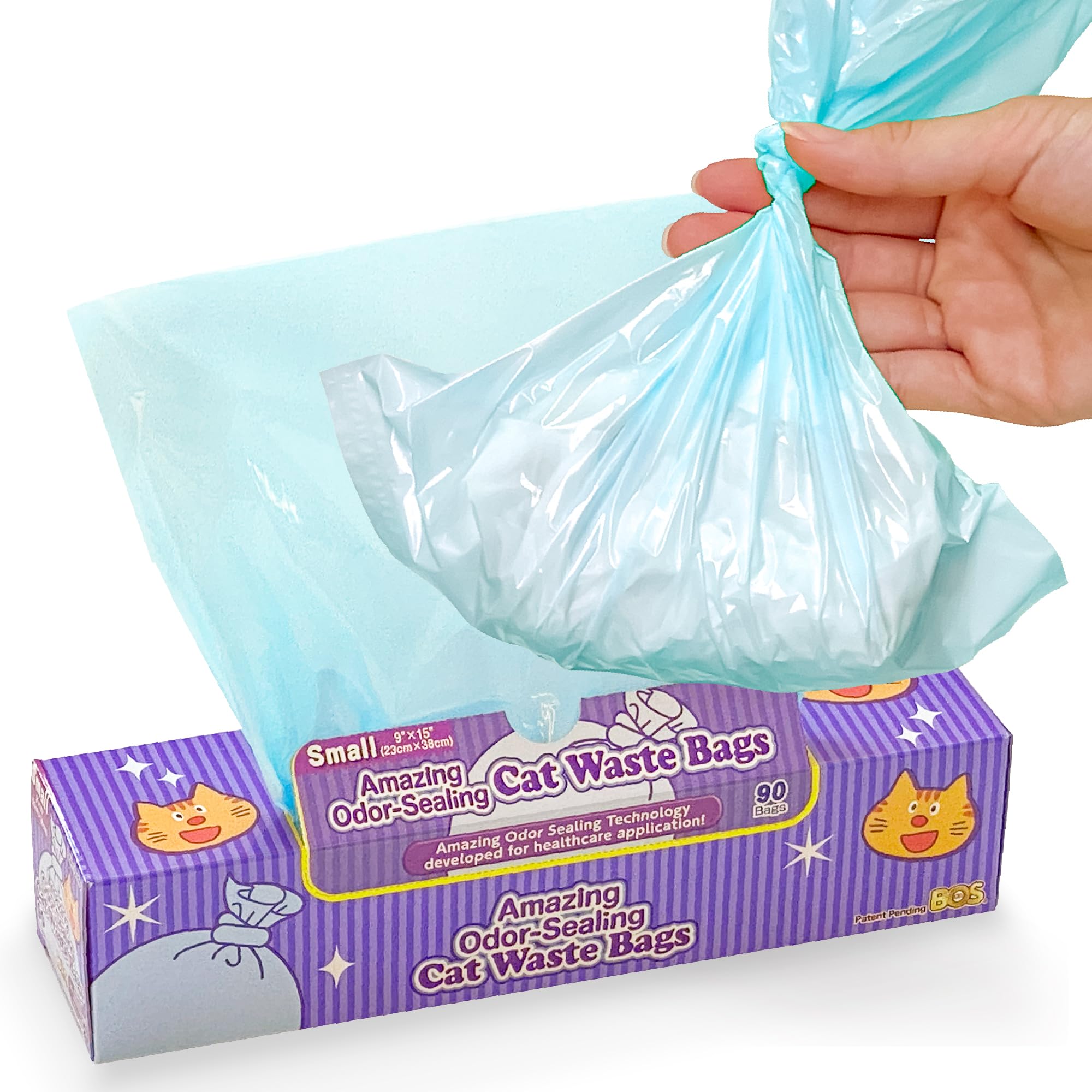 BOS Amazing Odor Sealing Cat Waste Bags - Durable and Unscented [Size: S, Color: light blue] (90 count, Pack of 1) (90 Bags)★May be too small to get a litter scoop inside!