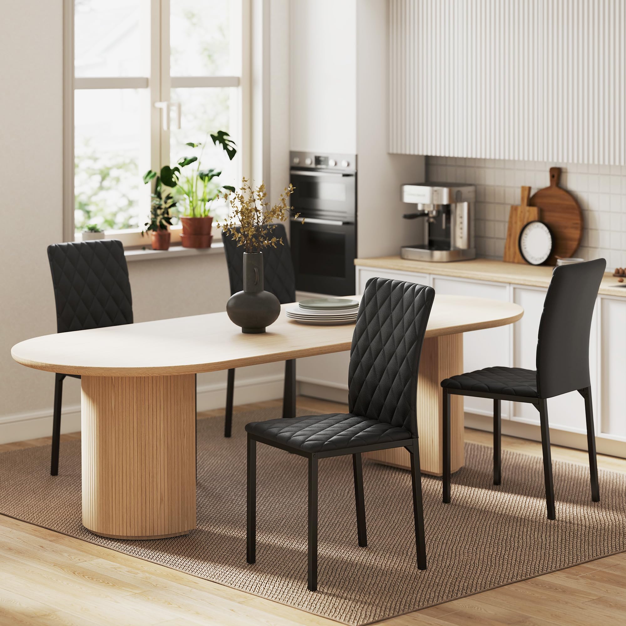 HOMCOM Pack de 4 Sillas de Comedor Modernas Respaldo Alto Negro | Sillas de Cocinas Modernas, Costuras Decorativas de Diamantes, Tapizadas en Cuero Sintético, Patas de Acero, Carga 120 kg