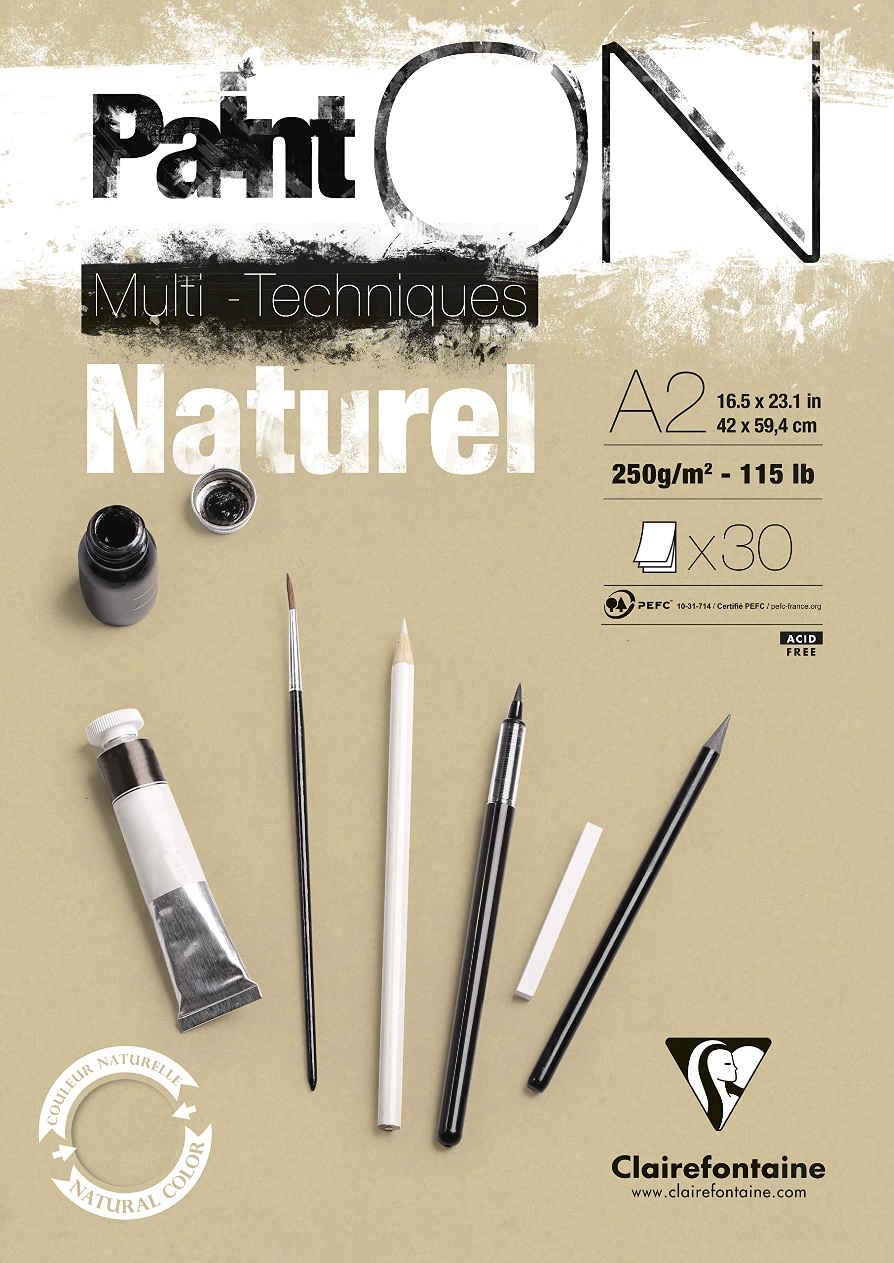 Clairefontaine - Ref 96543C - Paint'ON Multi-Technique Naturel Paper Pad (30 Sheets) - A2 Size, 250gsm Heavyweight Paper, Natural Sand Colour, Acid Free, pH Neutral