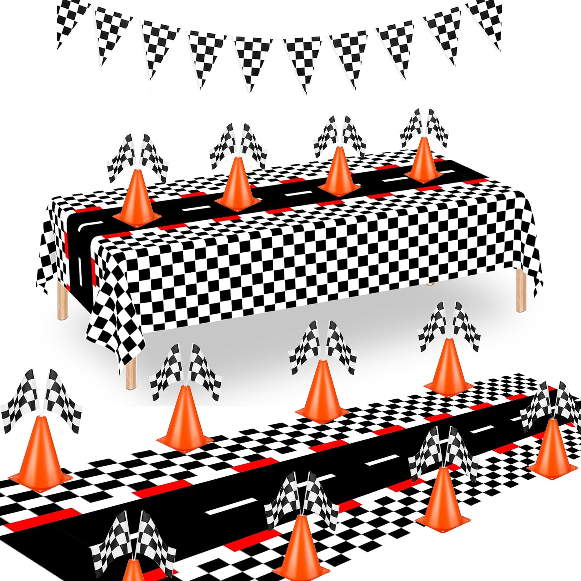YOELVN Cars Party Decorations,Racecar Centerpiece Decoration,7in Orange Racing Cones(12),Checkered Flags (24), 54"x108" Plastic Tablecloths (2),Banner