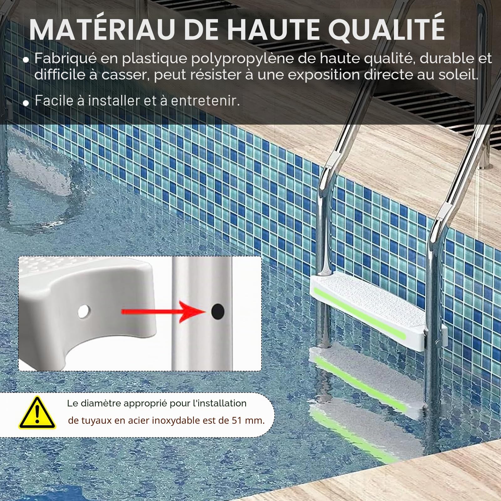 Lot de 3 marches de rechange pour échelle de piscine avec bandes réfléchissantes - Échelle de rechange pour marches droites de piscine - Échelle de rechange antidérapante pour piscine